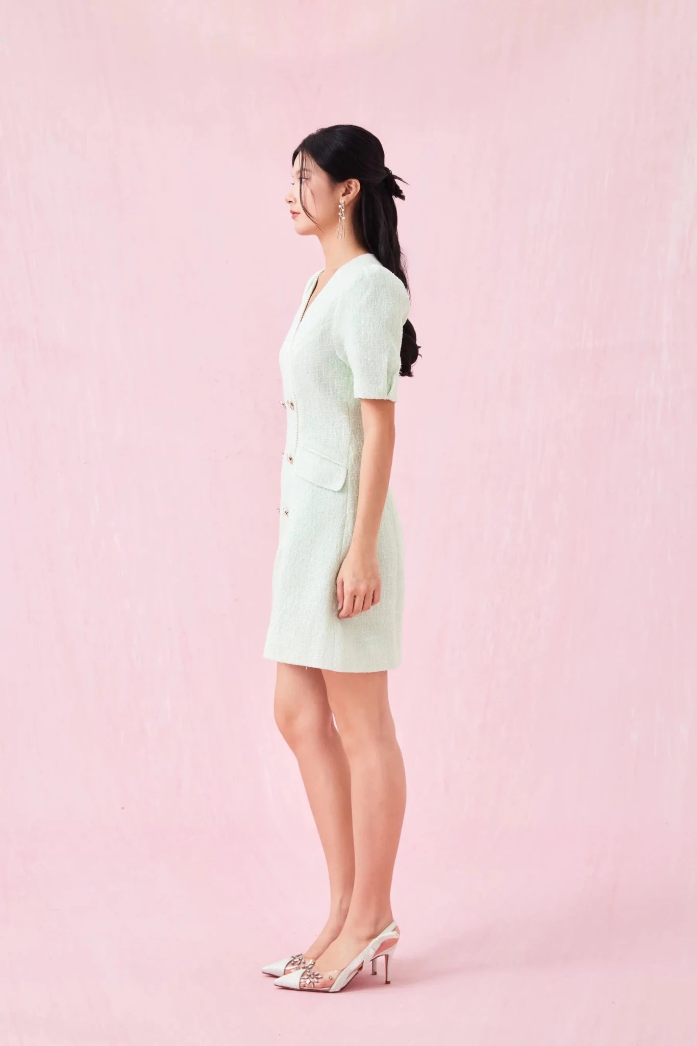 Grissel Button Green Tweed Dress - Nimisski