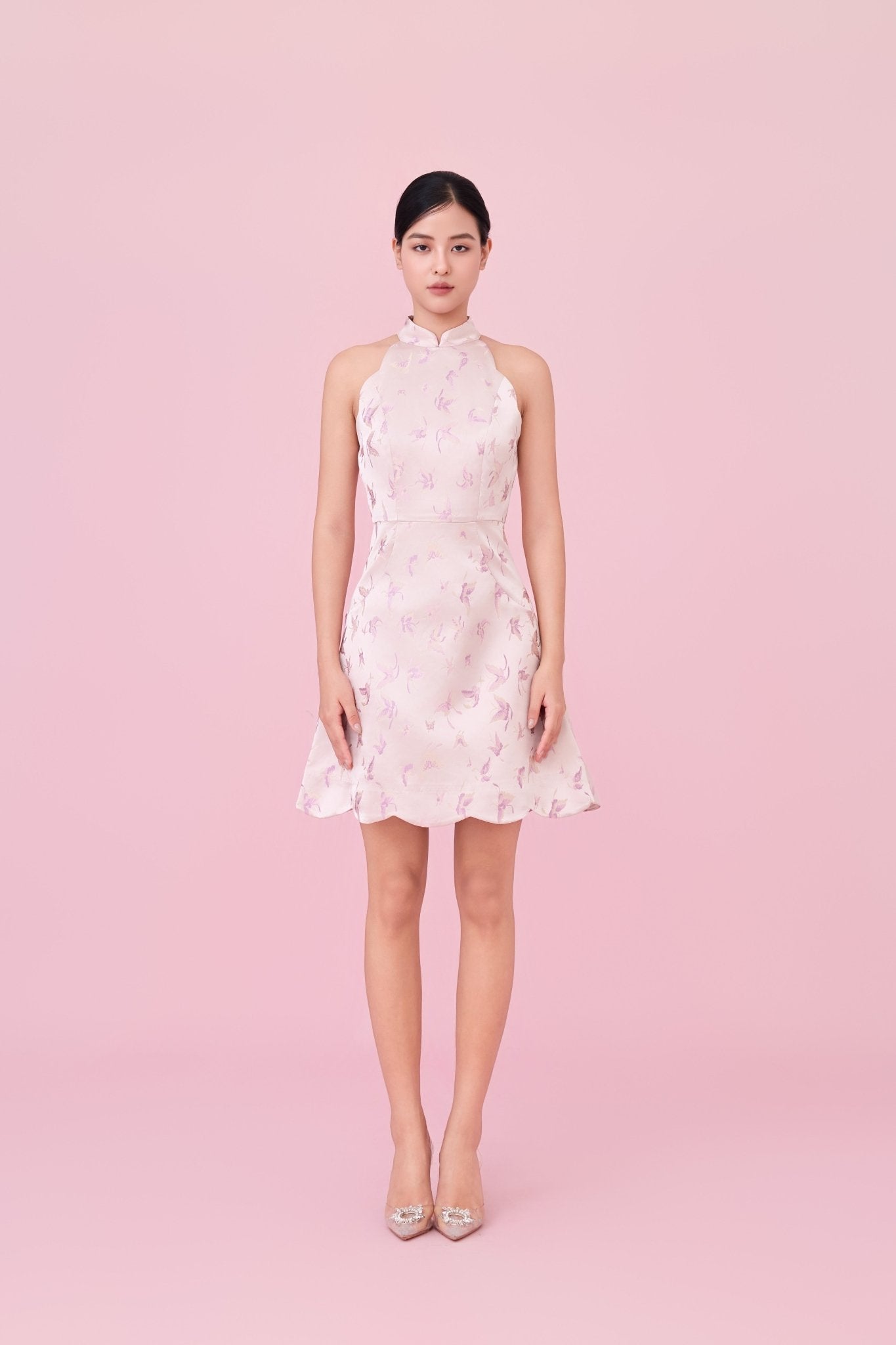 Caron Dusty Pink Jacquard With Woven Butterfly Halter Dress - Nimisski