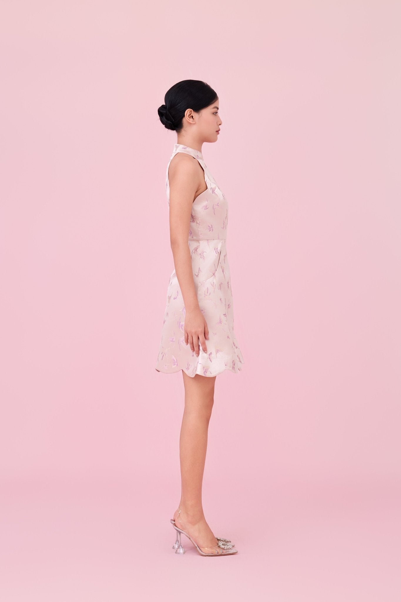 Caron Dusty Pink Jacquard With Woven Butterfly Halter Dress - Nimisski