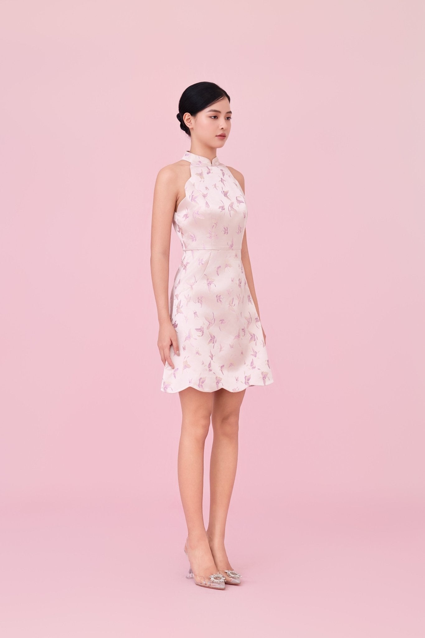 Caron Dusty Pink Jacquard With Woven Butterfly Halter Dress - Nimisski