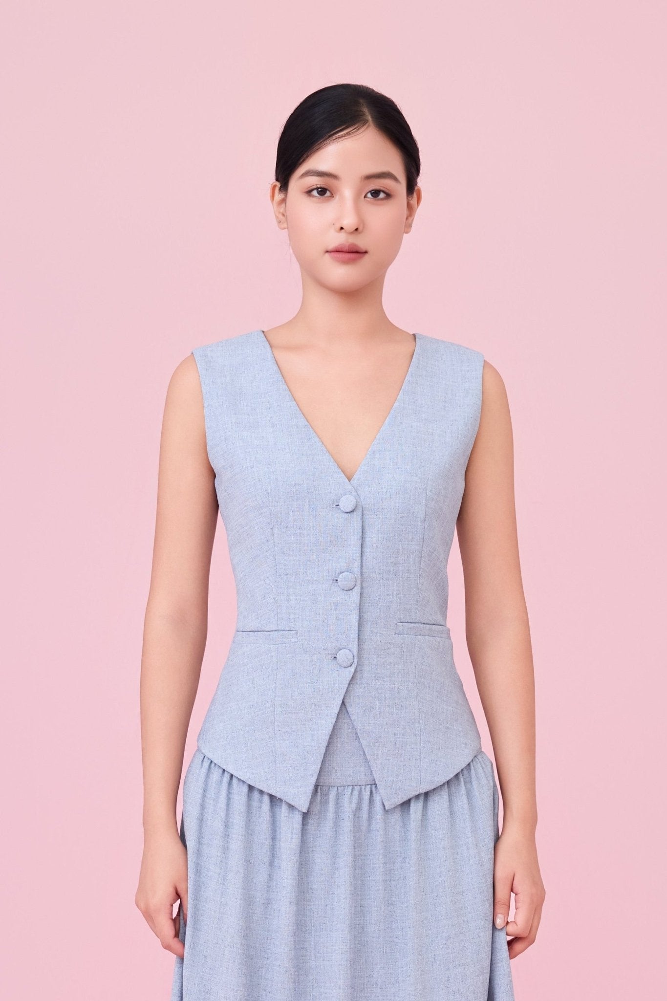 Cheerish Light Blue Button Down V - Neck Top - Nimisski