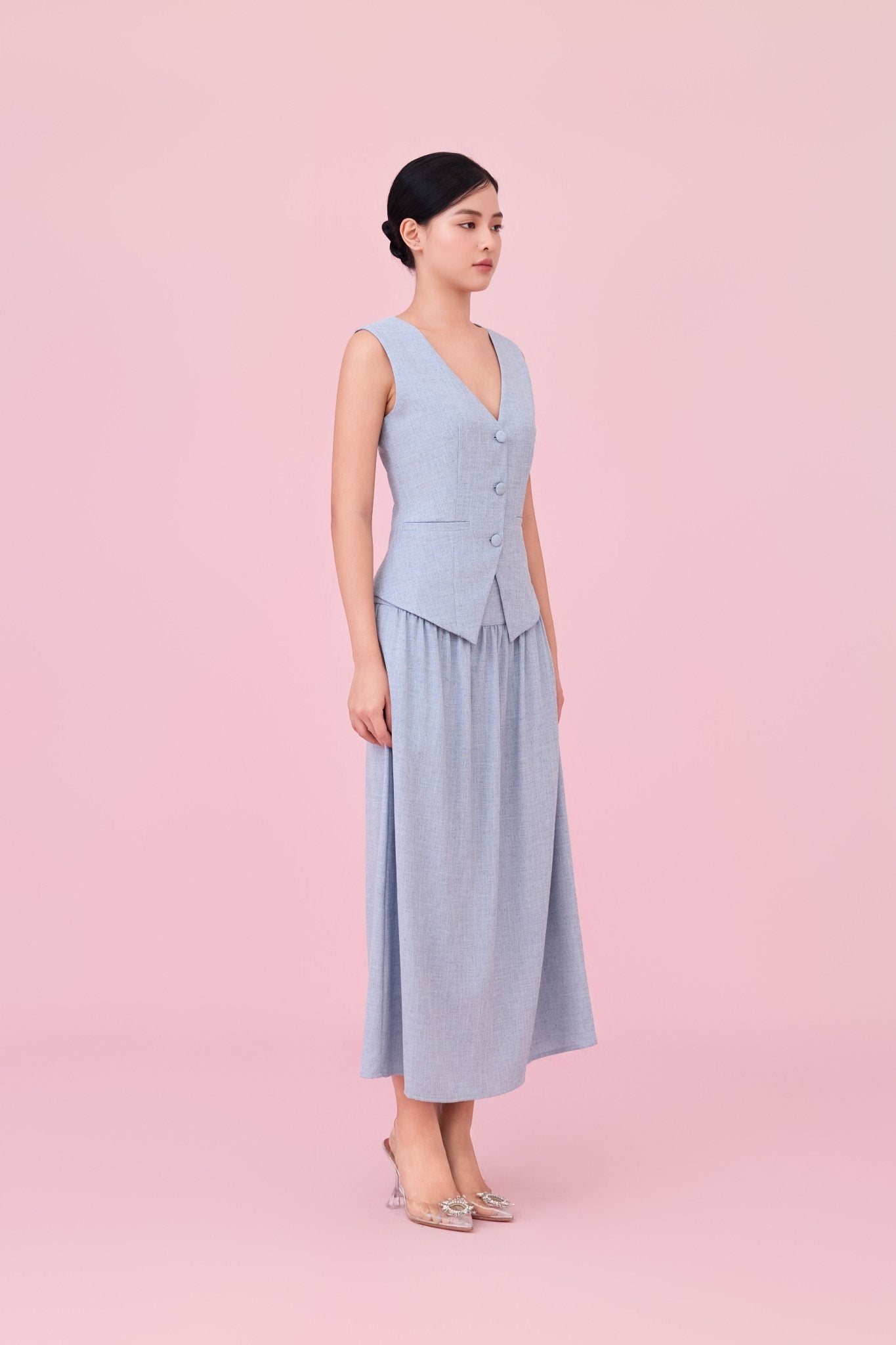 Cheerish Light Blue Button Down V - Neck Top - Nimisski