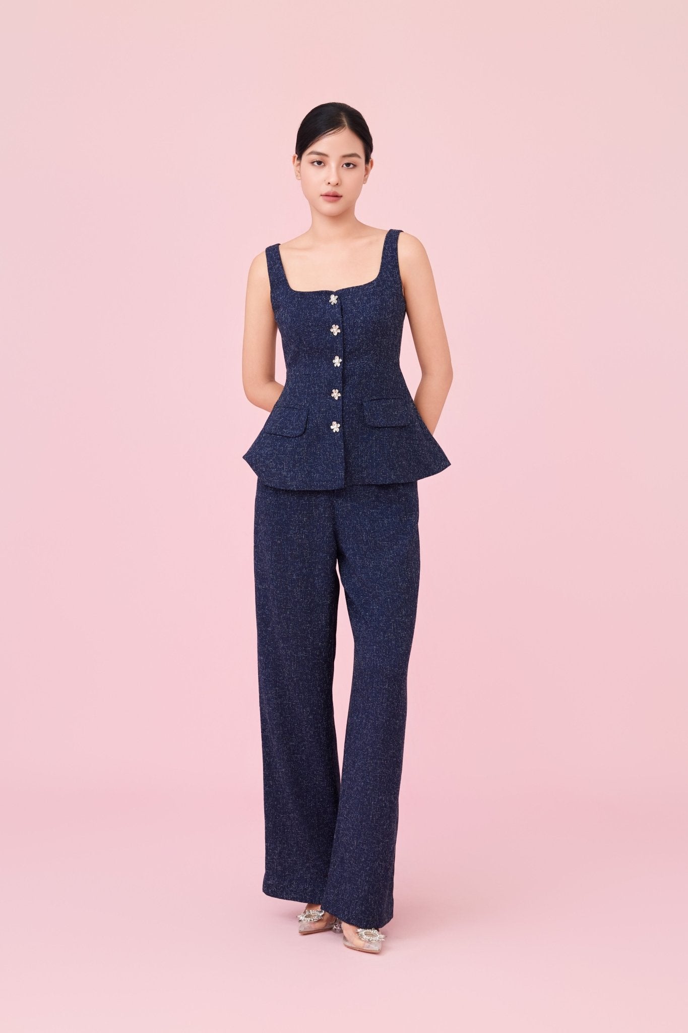 Cherilyn Navy Tweed Wide Leg Pants - Nimisski