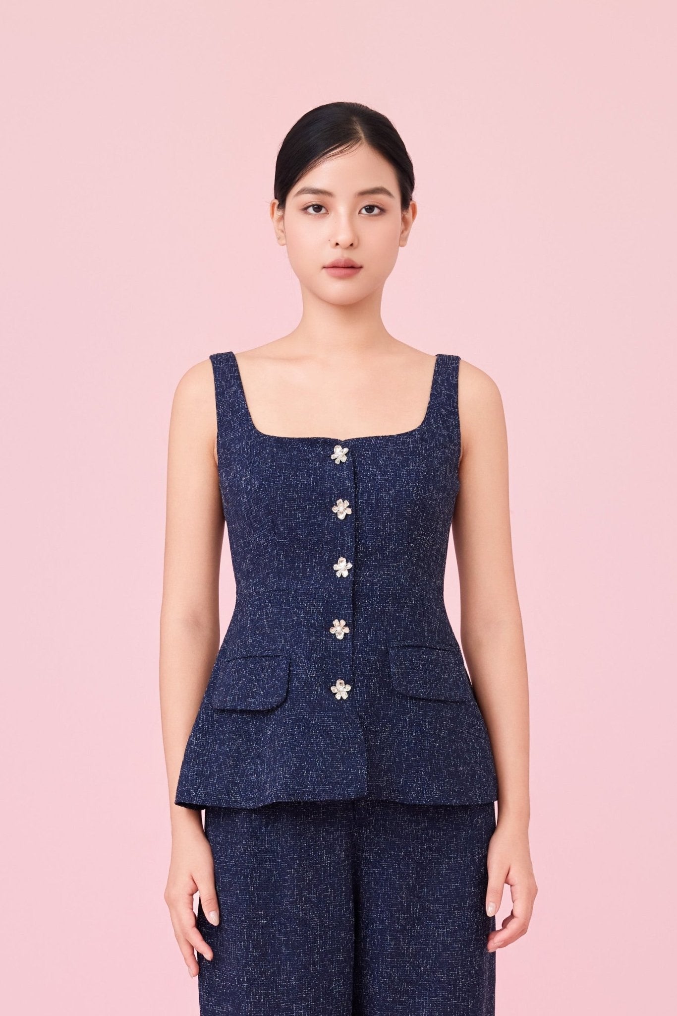 Cherilyn Navy Tweed Sleeveless Top - Nimisski