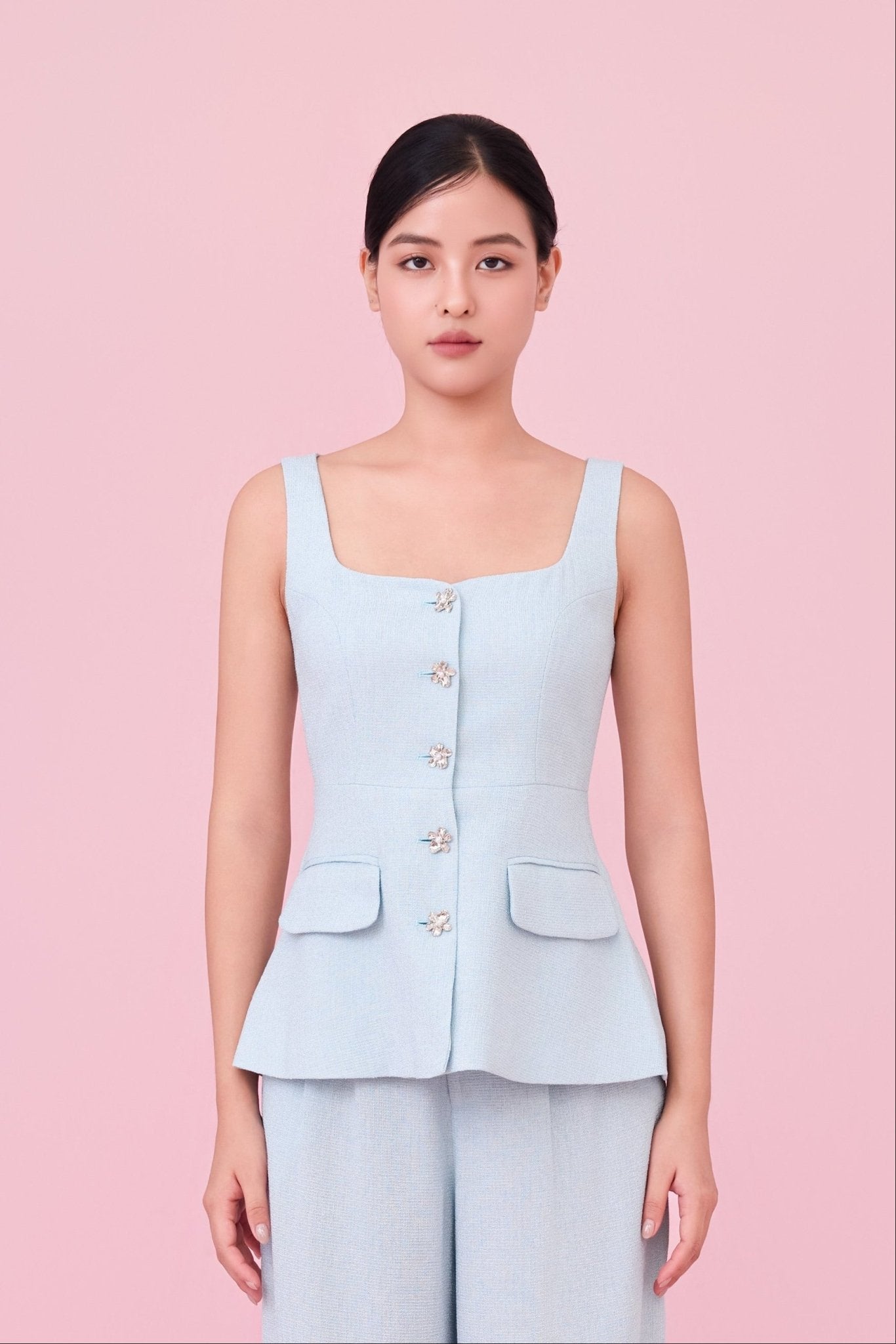 Cherilyn Light Blue Tweed Sleeveless Top - Nimisski