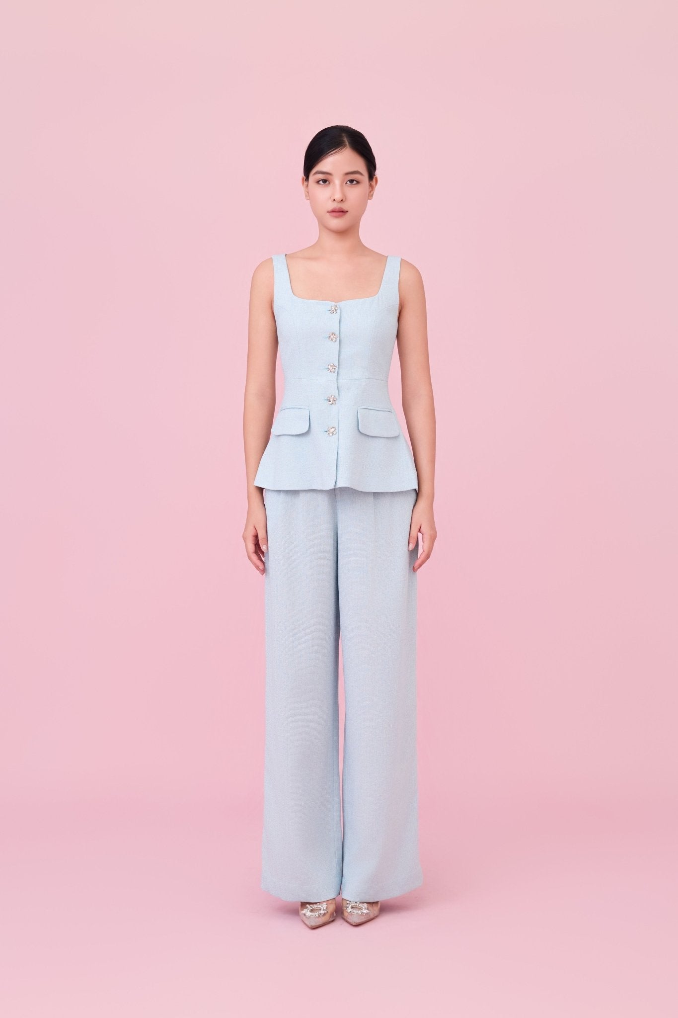 Cherilyn Light Blue Tweed Wide Leg Pants - Nimisski