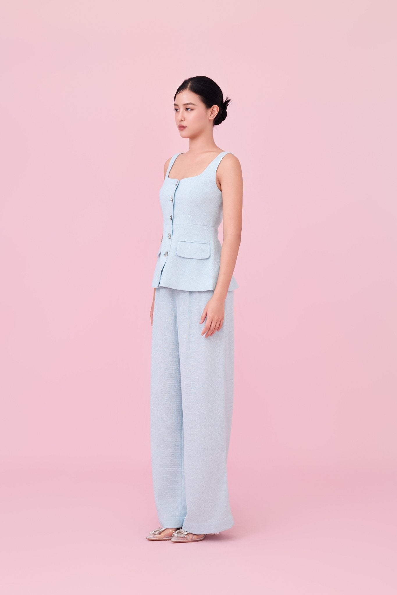 Cherilyn Light Blue Tweed Sleeveless Top - Nimisski