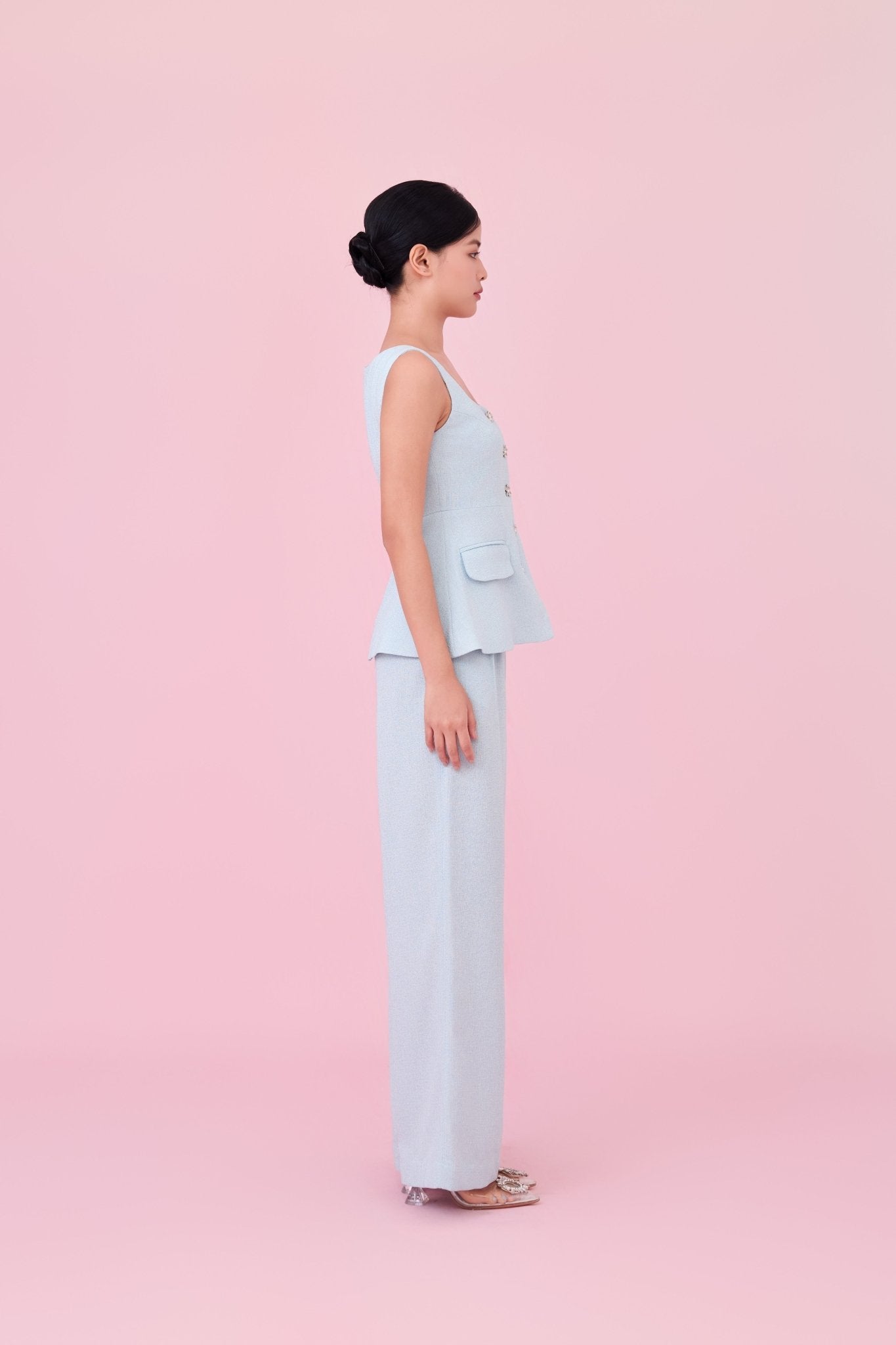 Cherilyn Light Blue Tweed Sleeveless Top - Nimisski