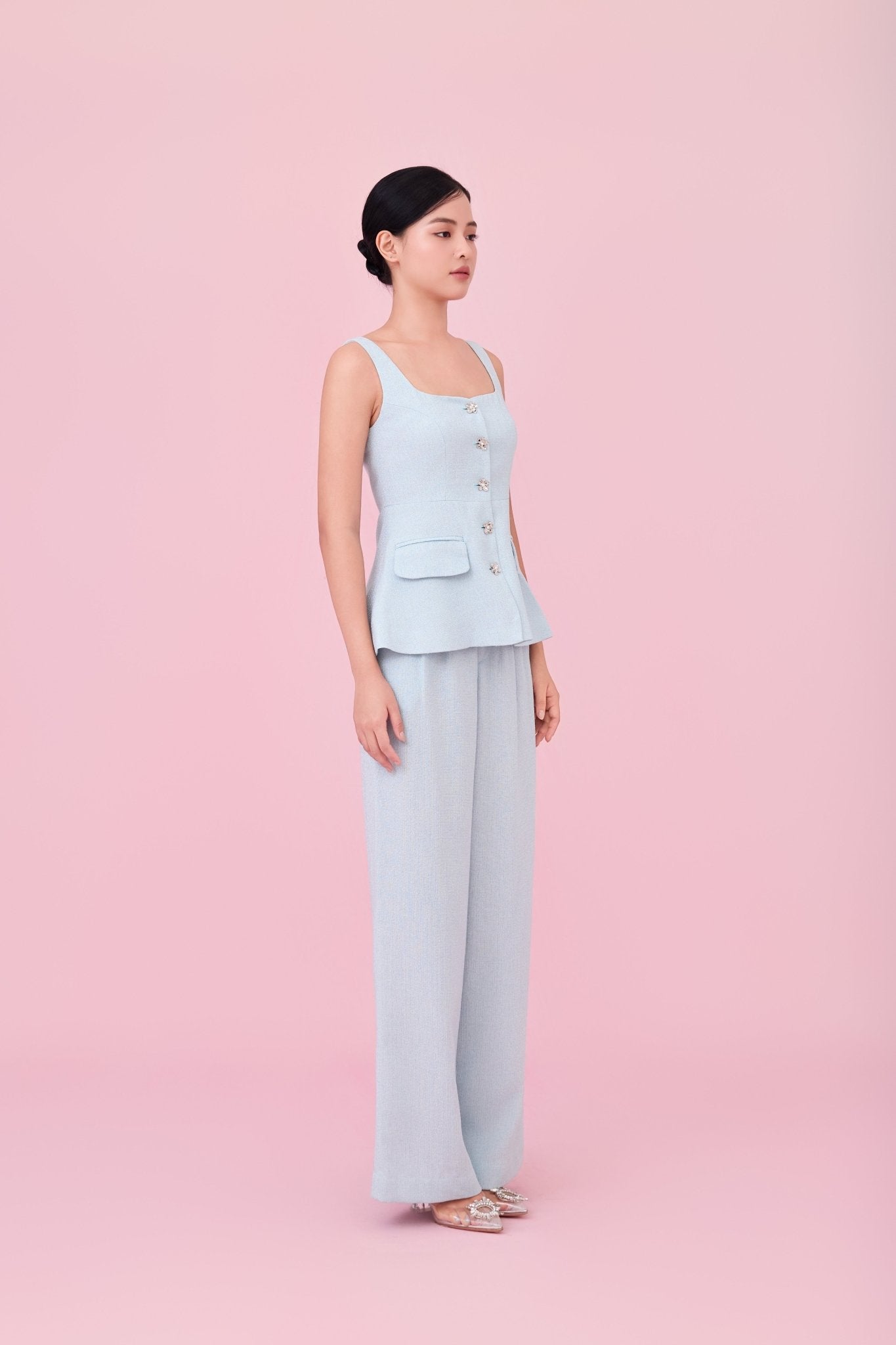 Cherilyn Light Blue Tweed Wide Leg Pants - Nimisski