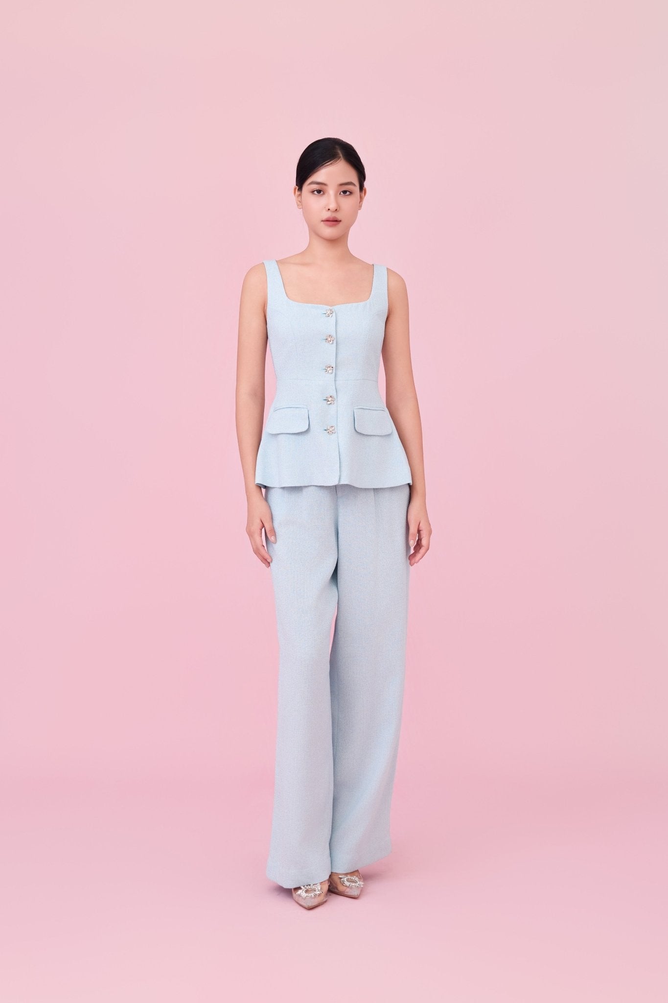 Cherilyn Light Blue Tweed Wide Leg Pants - Nimisski