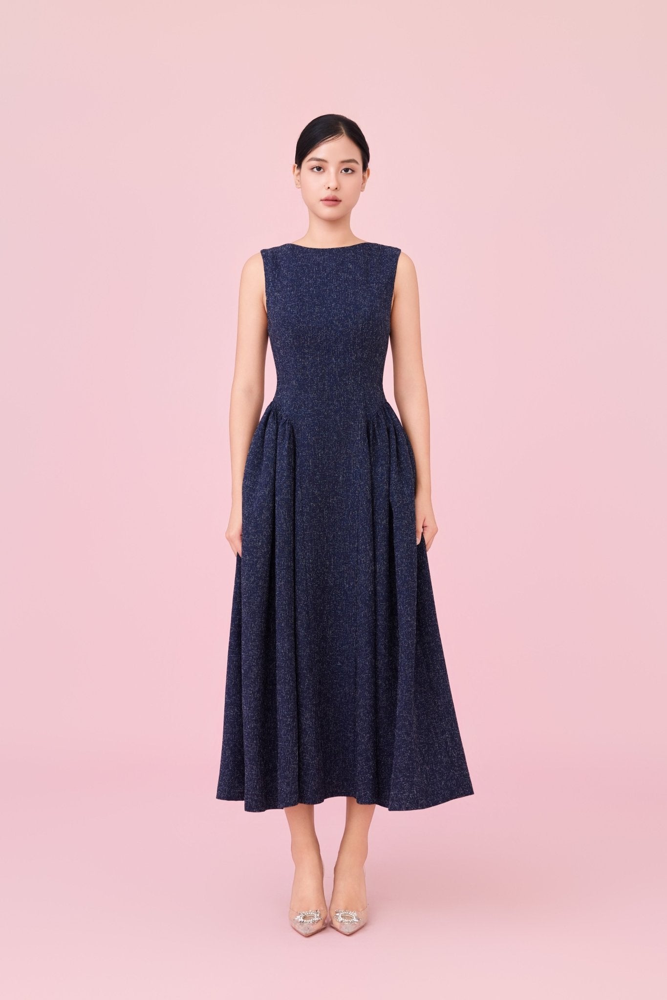 Cherice Navy Tweed Fitted Drop Waist Midi Dress - Nimisski