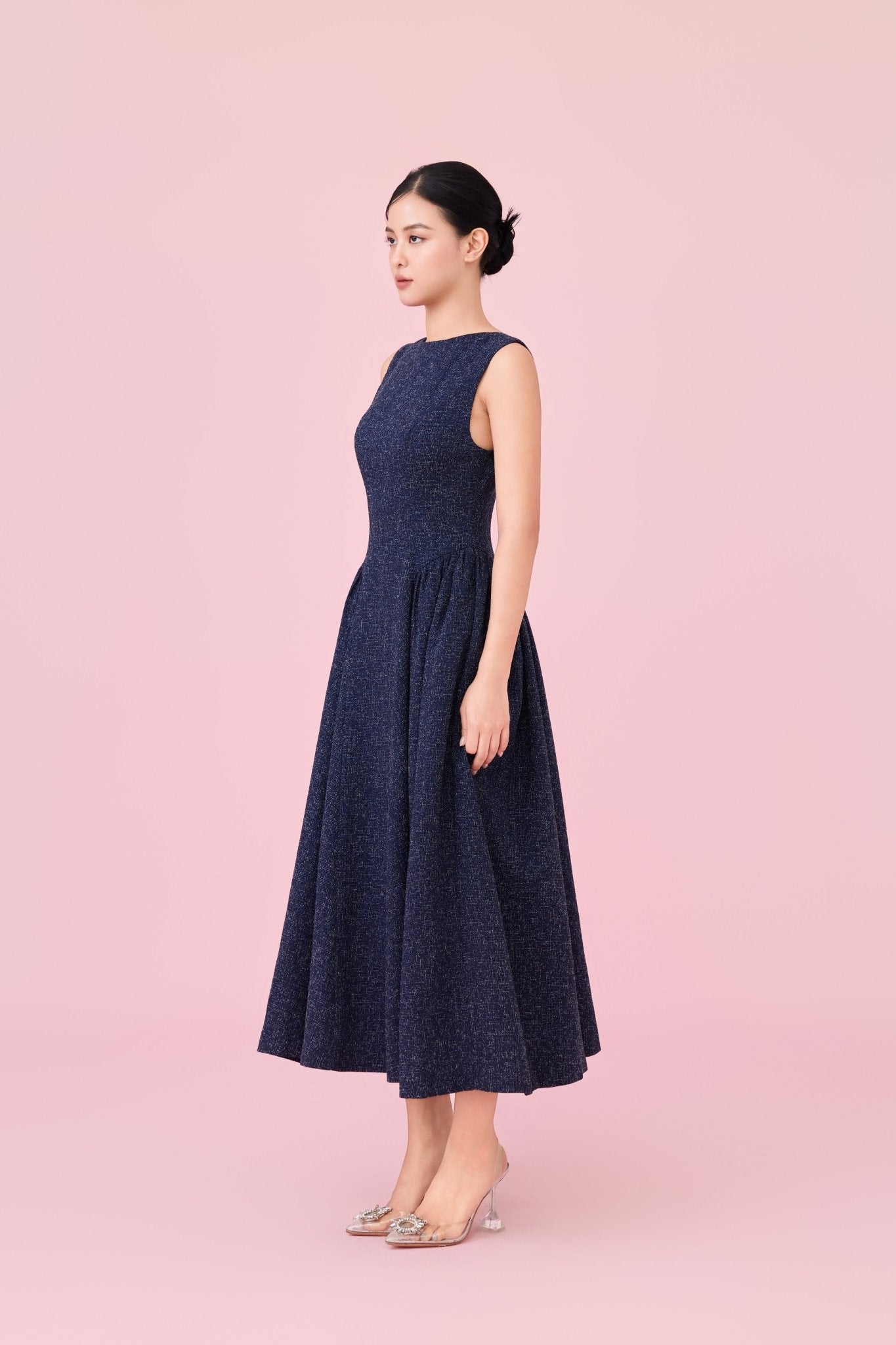 Cherice Navy Tweed Fitted Drop Waist Midi Dress - Nimisski