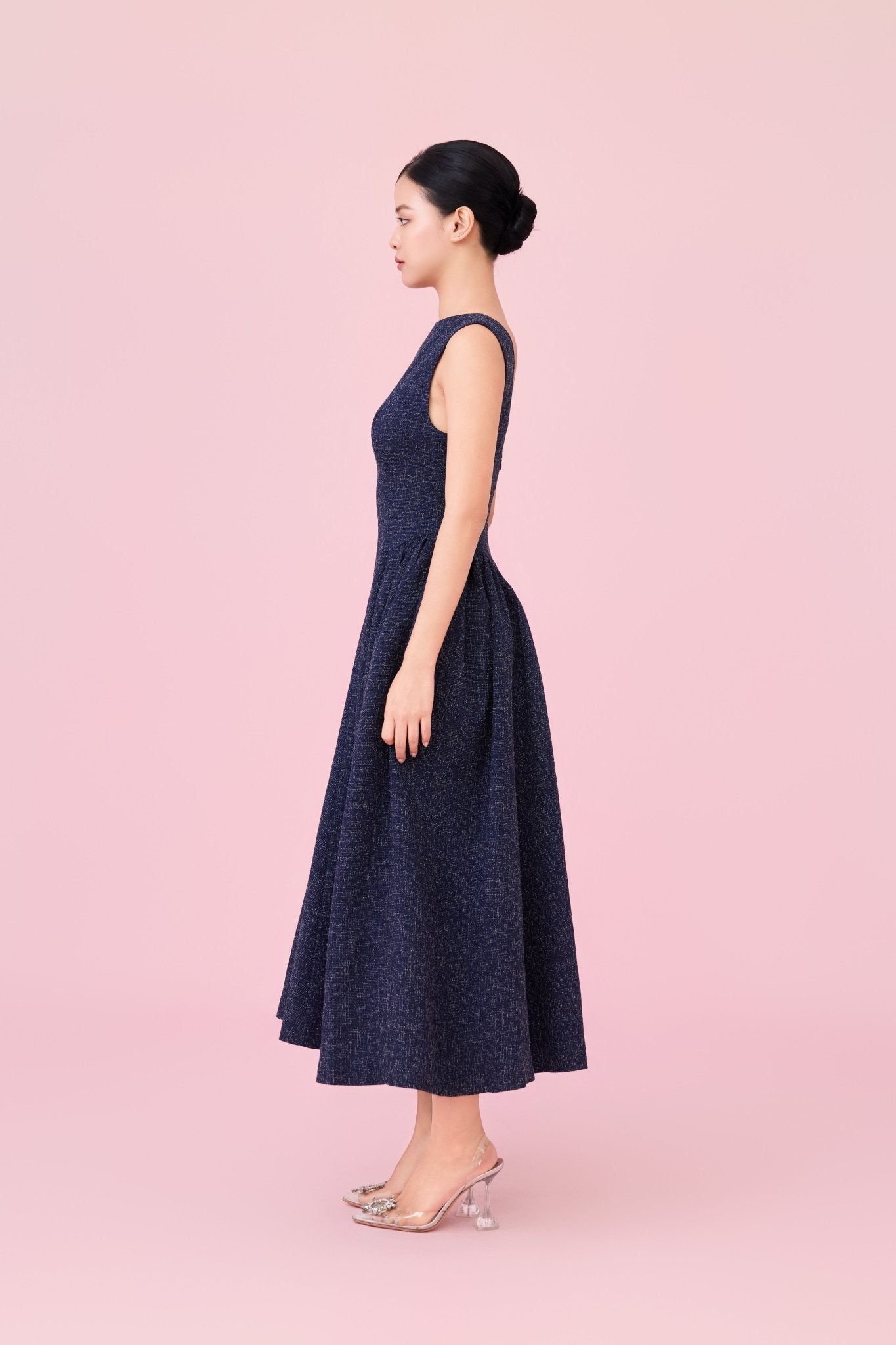 Cherice Navy Tweed Fitted Drop Waist Midi Dress - Nimisski