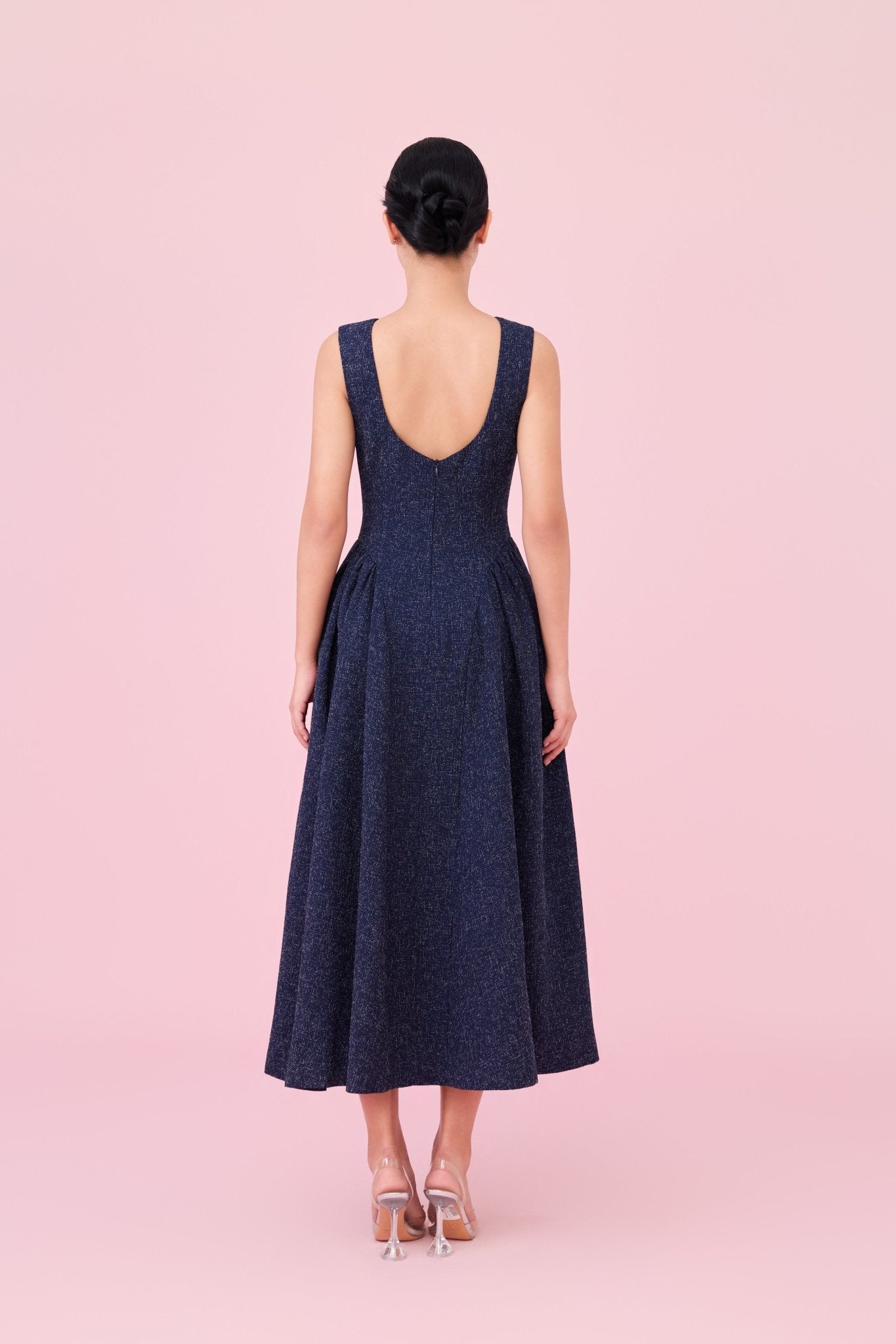 Cherice Navy Tweed Fitted Drop Waist Midi Dress - Nimisski
