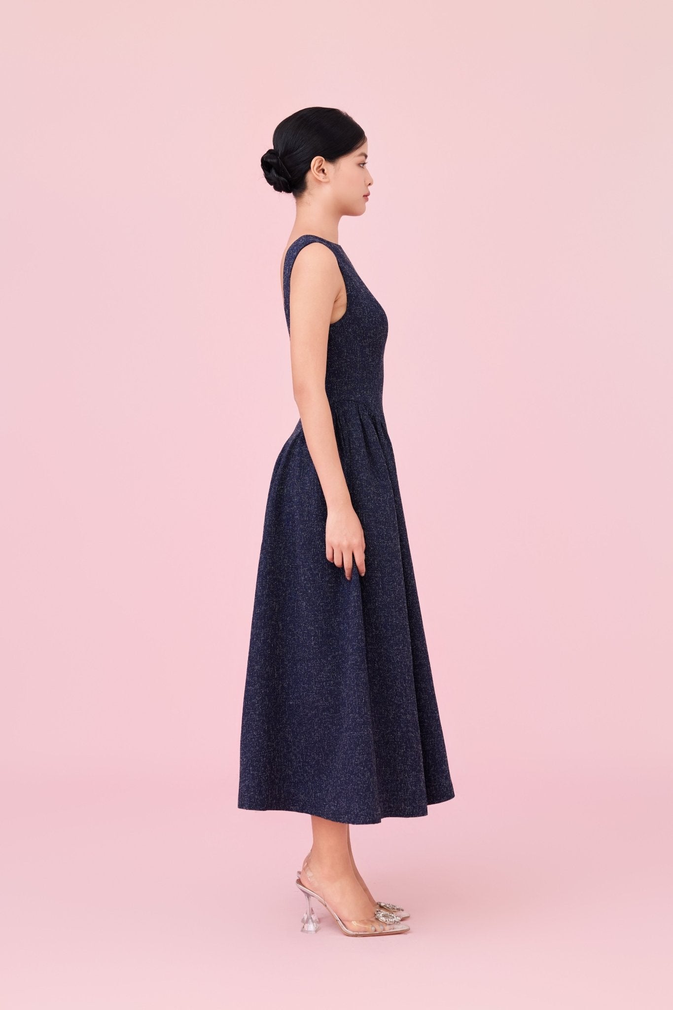Cherice Navy Tweed Fitted Drop Waist Midi Dress - Nimisski