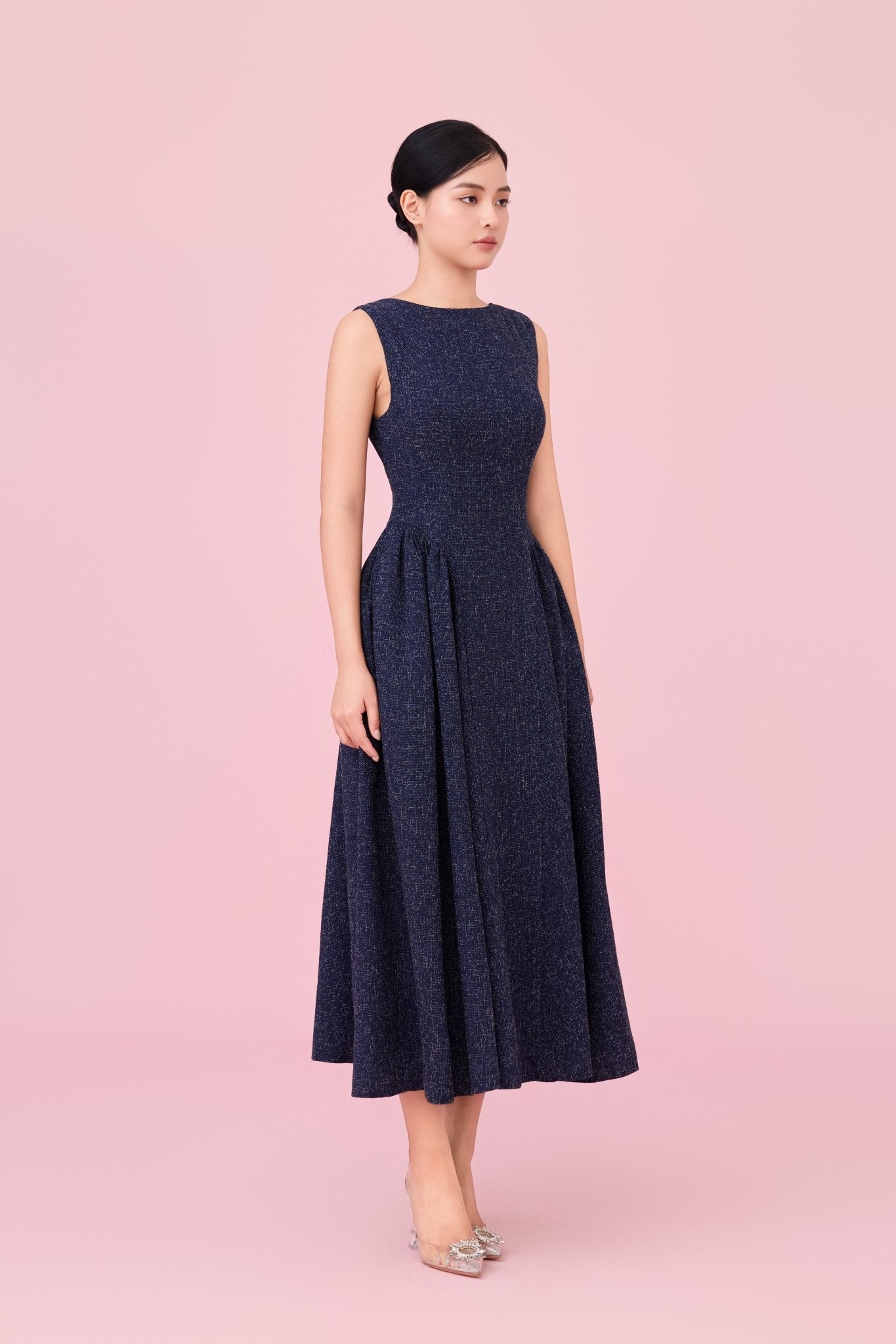 Cherice Navy Tweed Fitted Drop Waist Midi Dress - Nimisski
