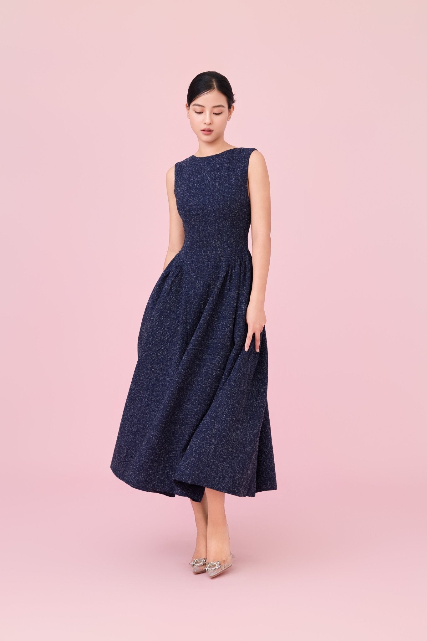 Cherice Navy Tweed Fitted Drop Waist Midi Dress - Nimisski