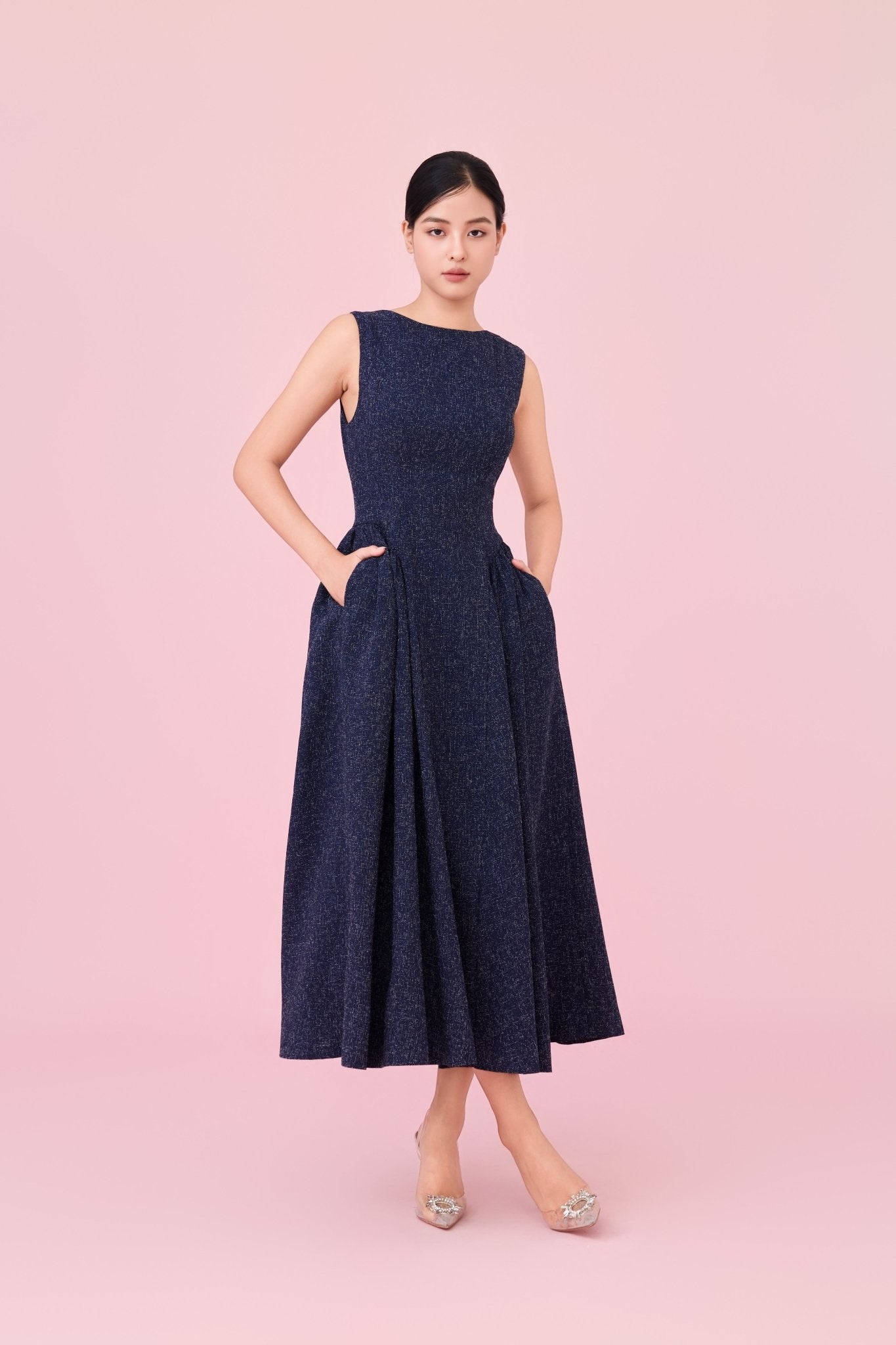 Cherice Navy Tweed Fitted Drop Waist Midi Dress - Nimisski