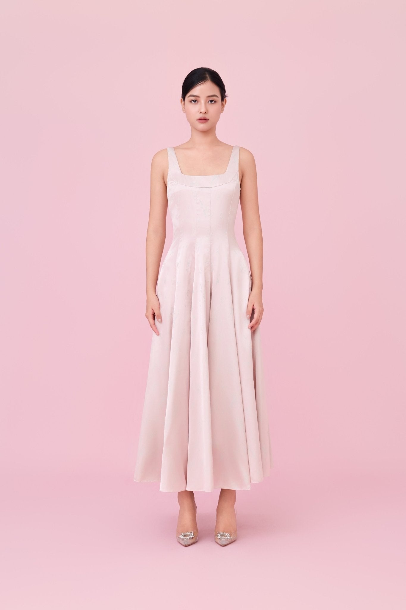 Cherey Light Pink Square Neck A - Line Midi Dress - Nimisski