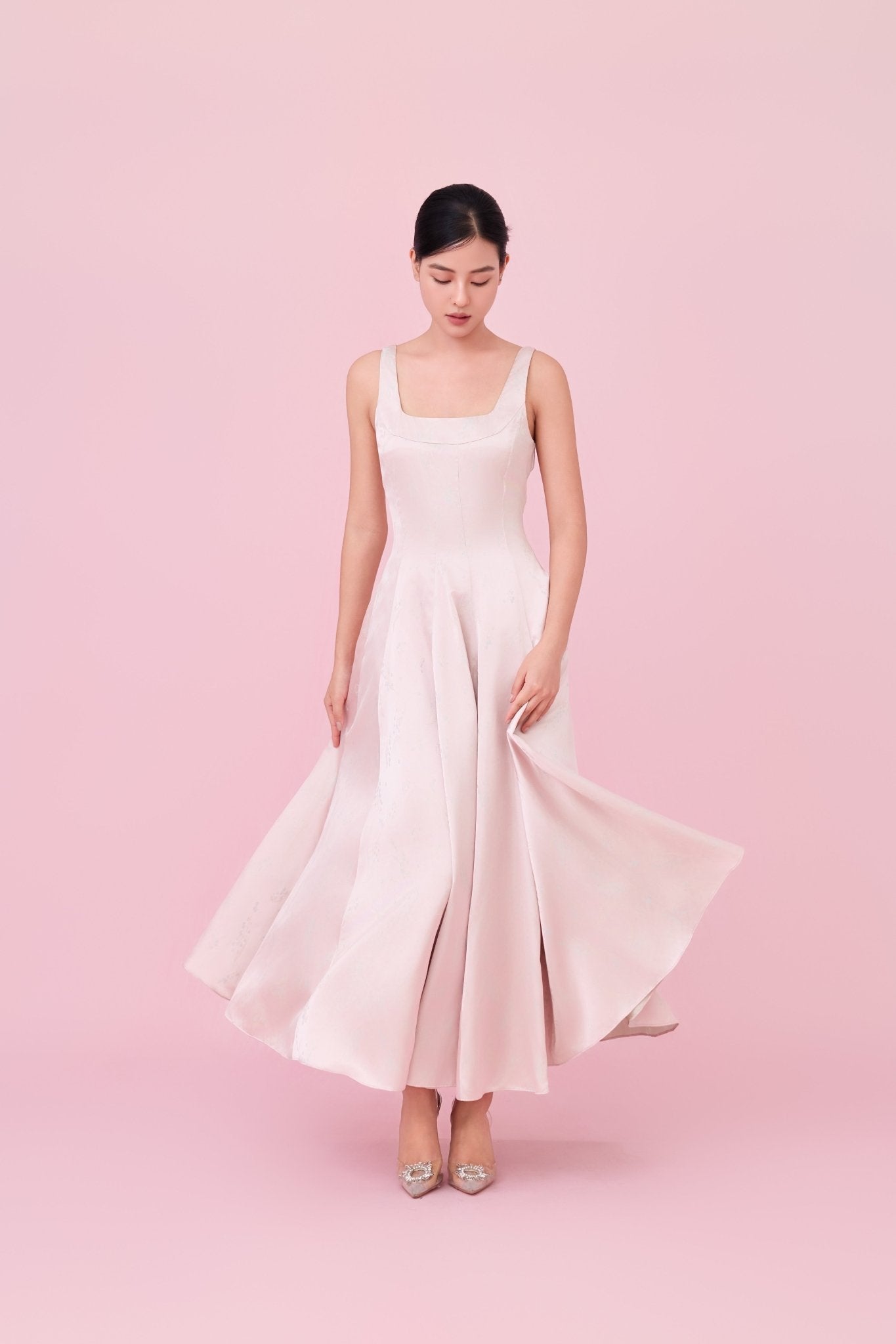 Cherey Light Pink Square Neck A - Line Midi Dress - Nimisski