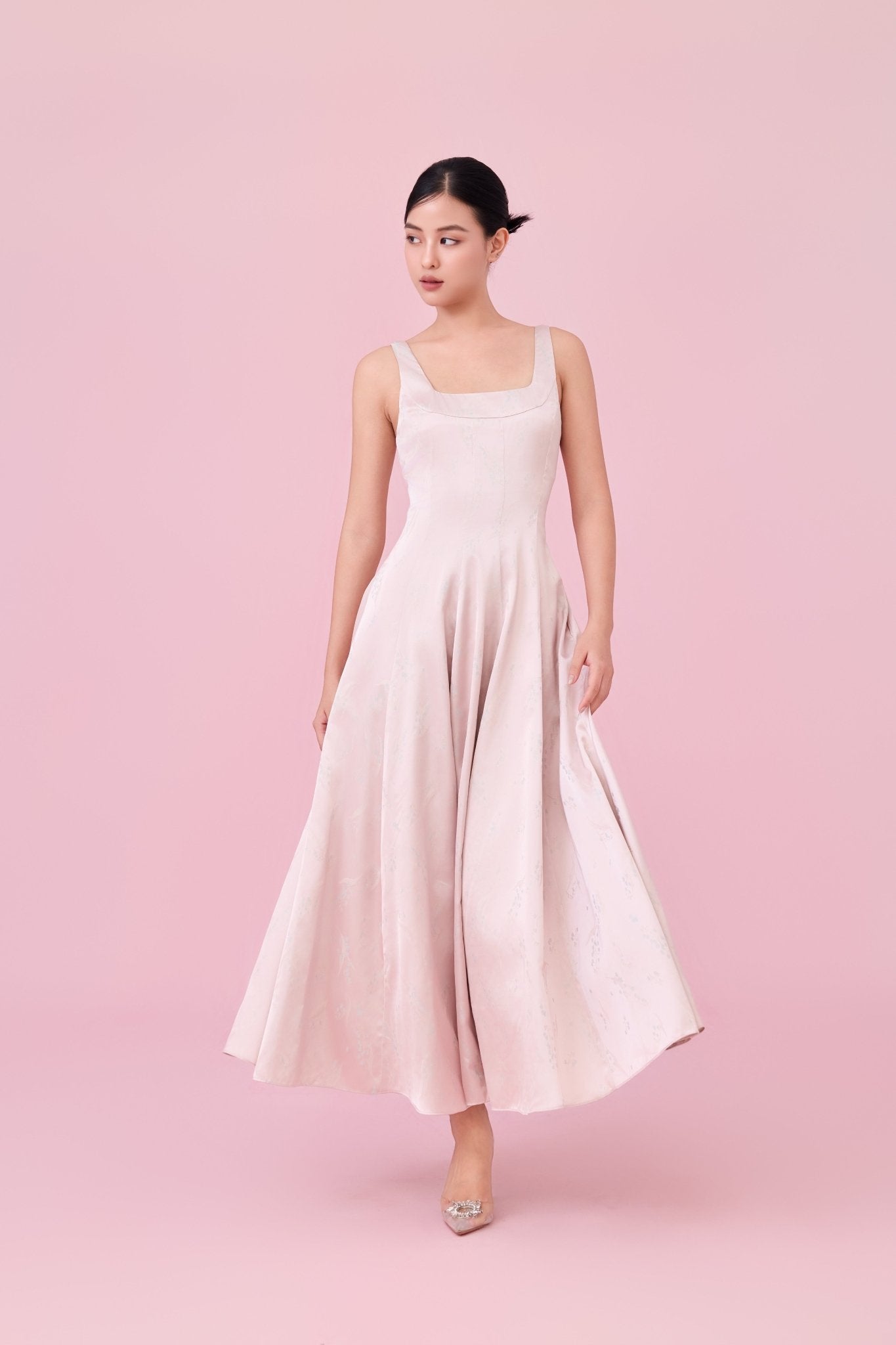 Cherey Light Pink Square Neck A - Line Midi Dress - Nimisski