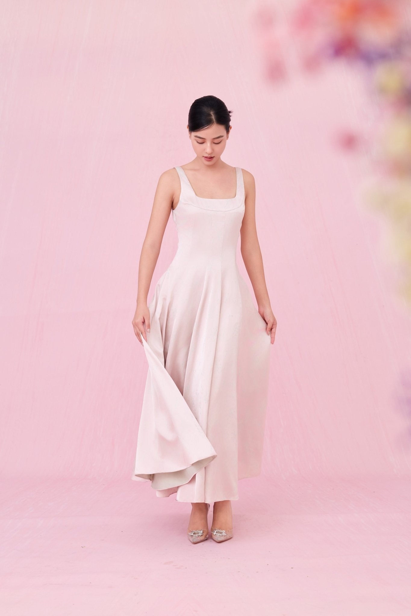 Cherey Light Pink Square Neck A - Line Midi Dress - Nimisski