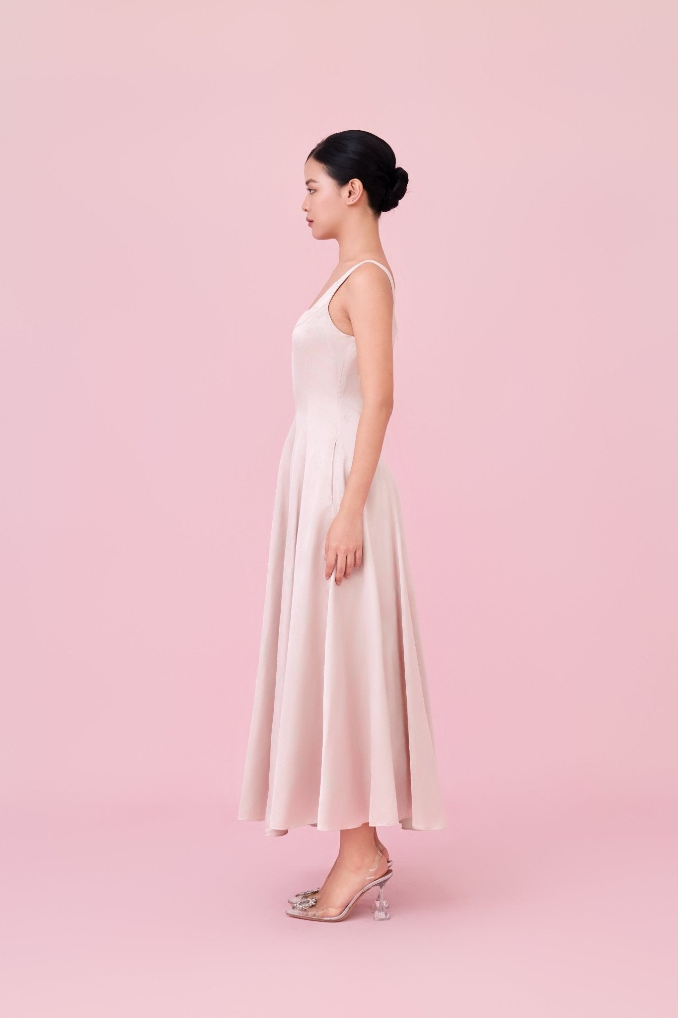 Cherey Light Pink Square Neck A - Line Midi Dress - Nimisski