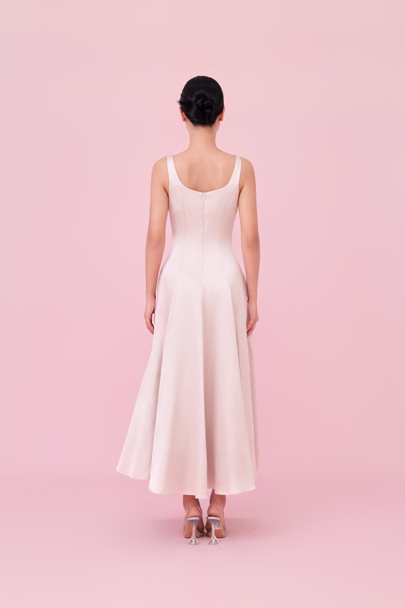 Cherey Light Pink Square Neck A - Line Midi Dress - Nimisski