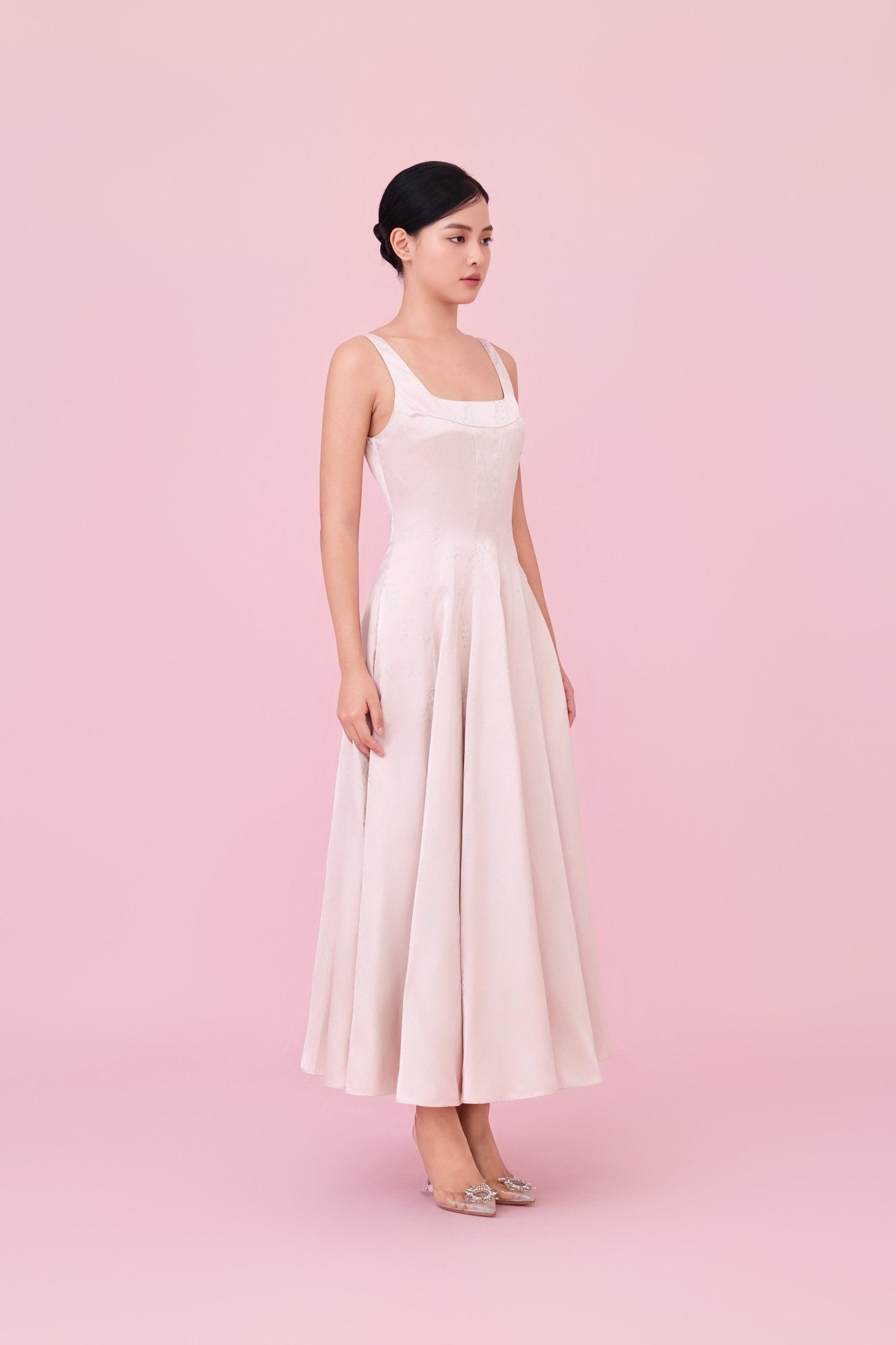 Cherey Light Pink Square Neck A - Line Midi Dress - Nimisski