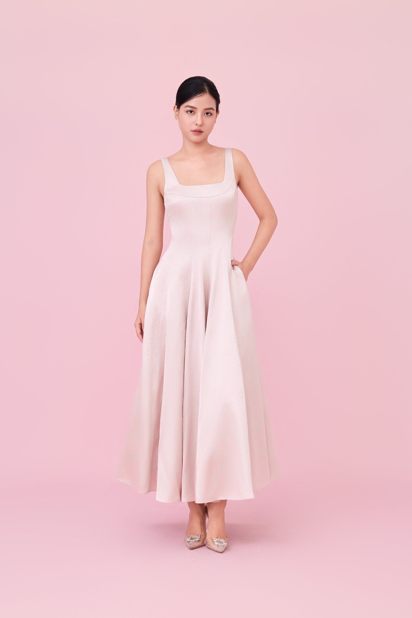 Cherey Light Pink Square Neck A - Line Midi Dress - Nimisski