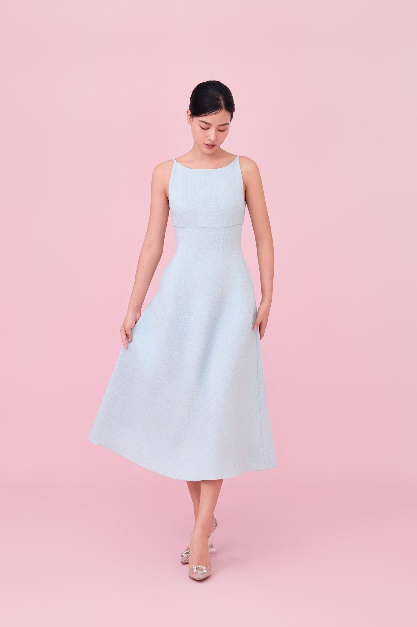 Cherin Light Blue Tweed Midi Dress - Nimisski