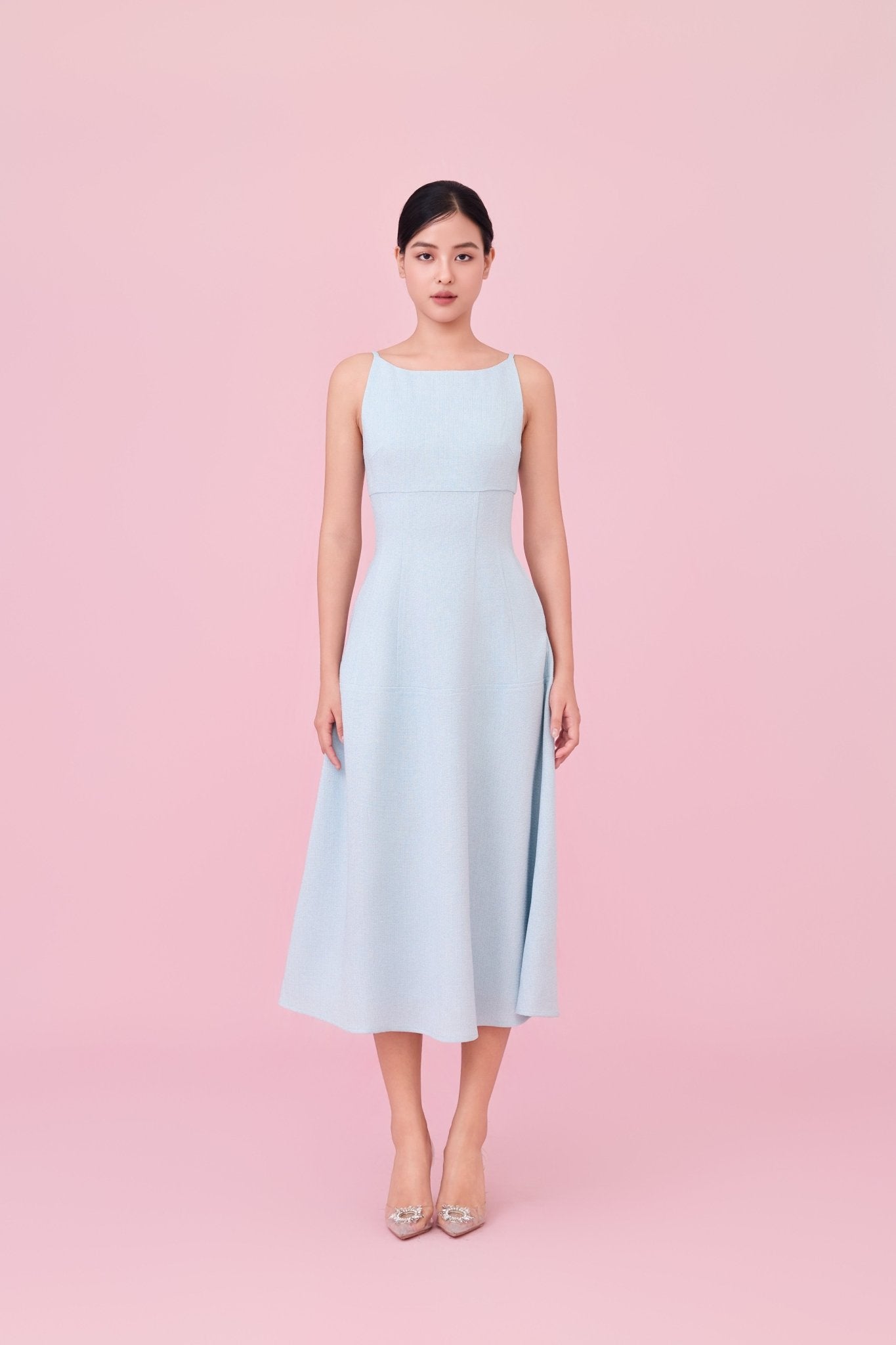 Cherin Light Blue Tweed Midi Dress - Nimisski