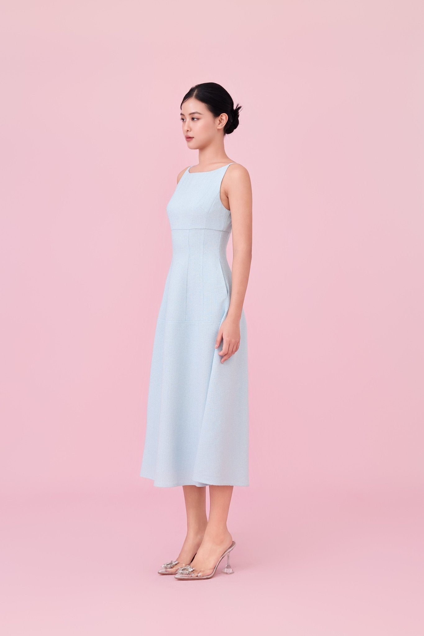 Cherin Light Blue Tweed Midi Dress - Nimisski