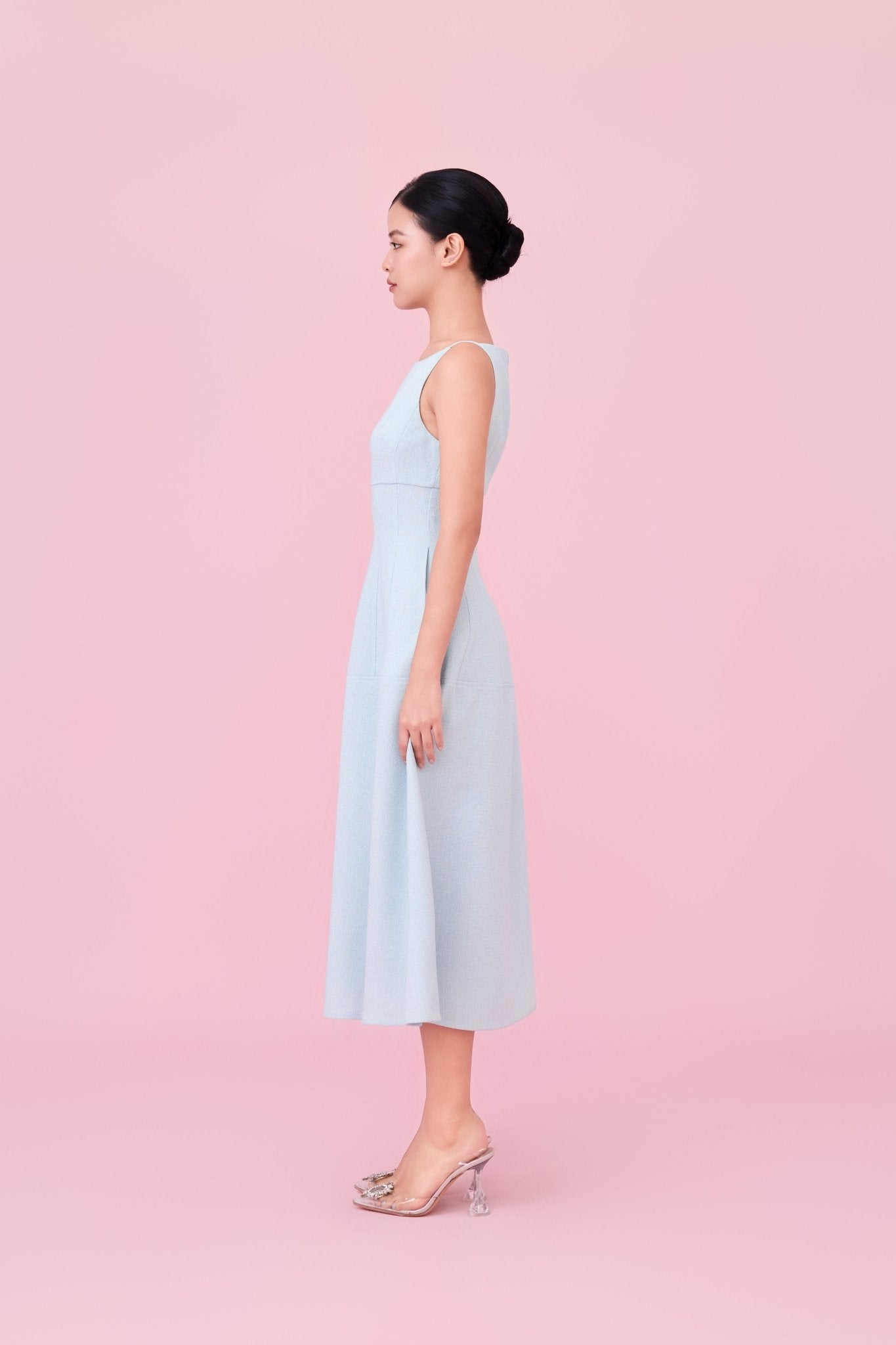 Cherin Light Blue Tweed Midi Dress - Nimisski