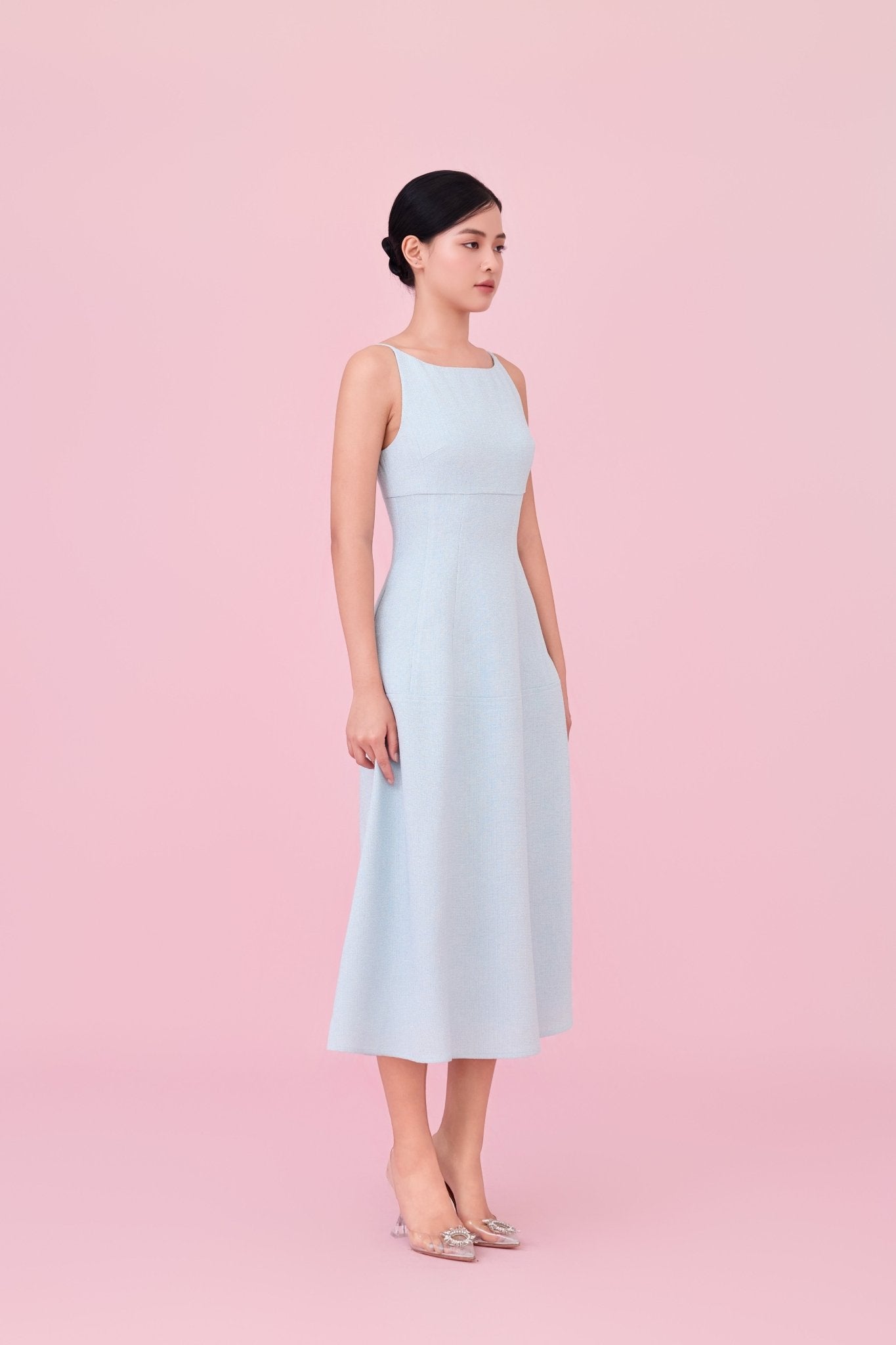 Cherin Light Blue Tweed Midi Dress - Nimisski