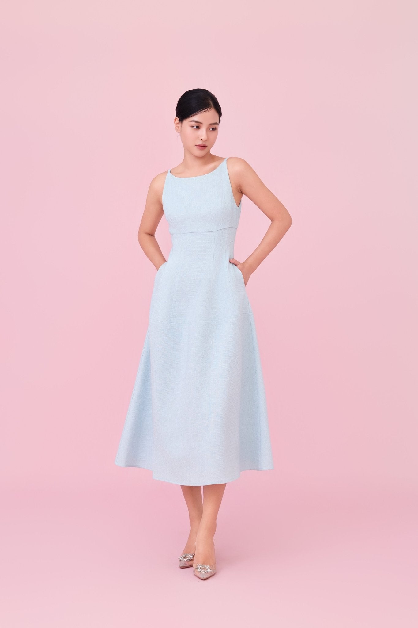 Cherin Light Blue Tweed Midi Dress - Nimisski