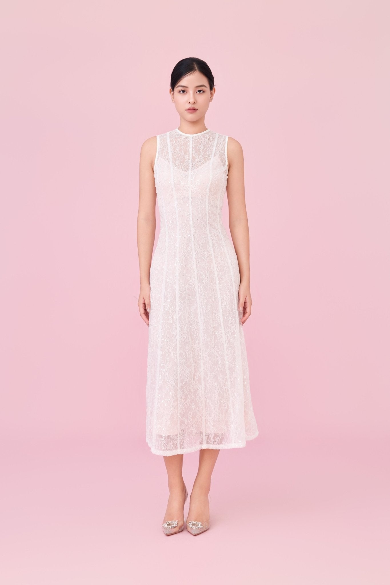 Charilyn White Lace With Sequins Embellishment Dress - Nimisski