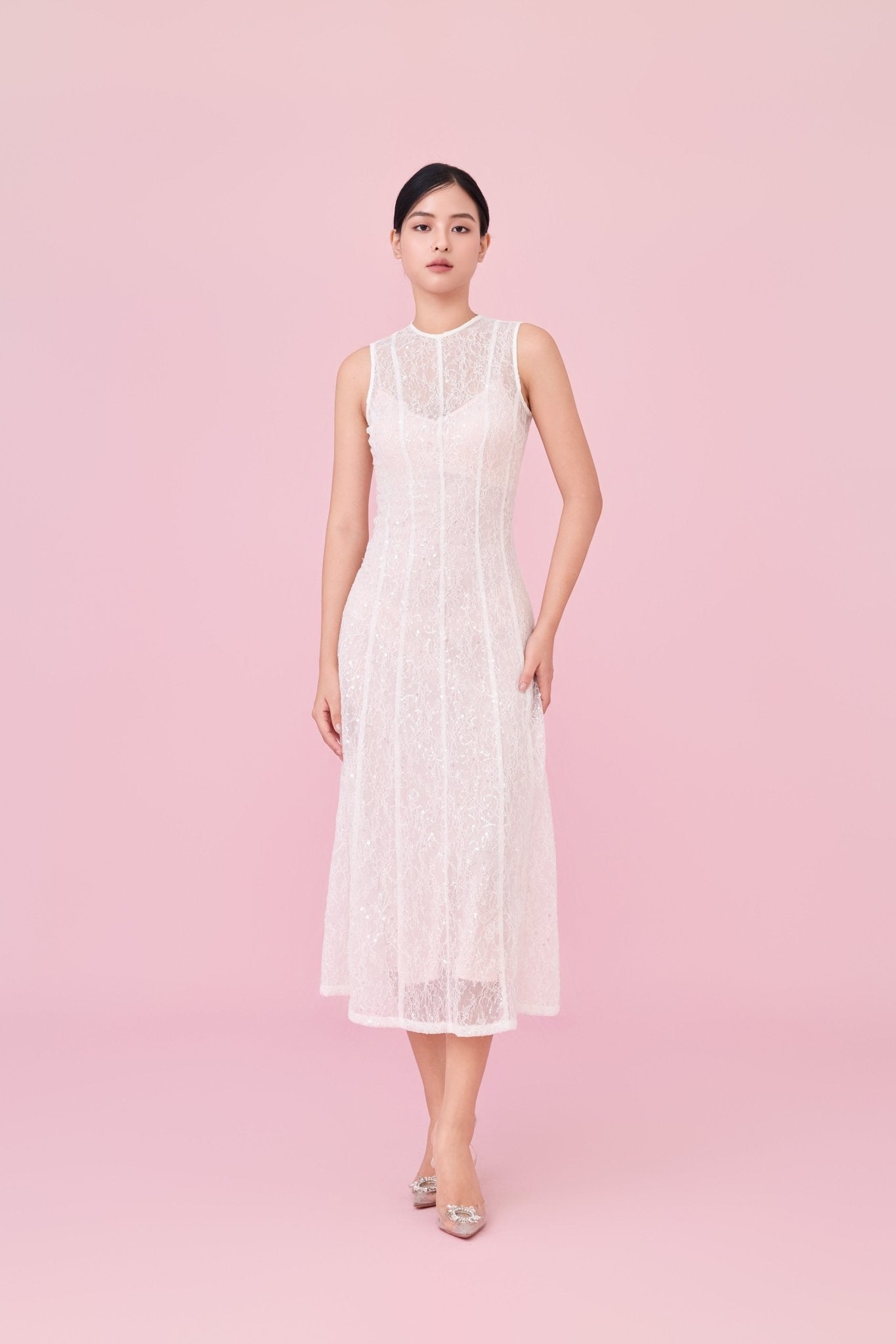 Charilyn White Lace With Sequins Embellishment Dress - Nimisski