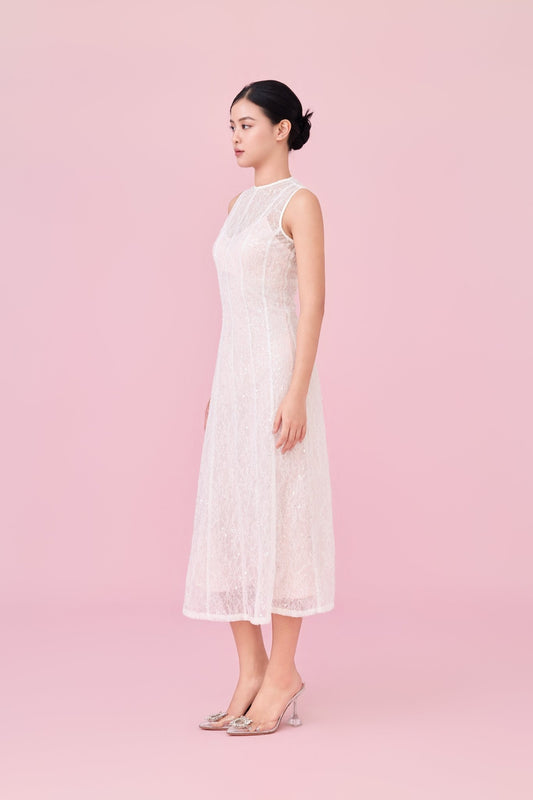 Charilyn White Lace With Sequins Embellishment Dress - Nimisski