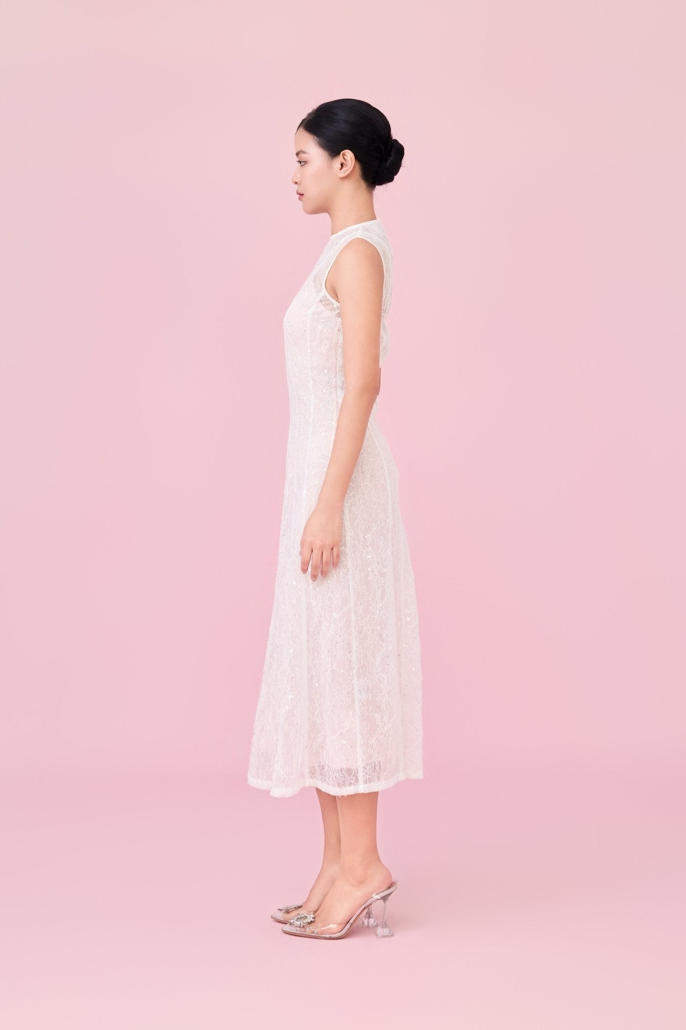 Charilyn White Lace With Sequins Embellishment Dress - Nimisski