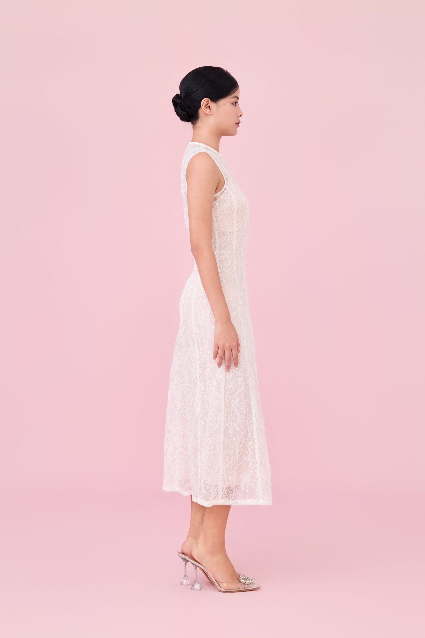 Charilyn White Lace With Sequins Embellishment Dress - Nimisski