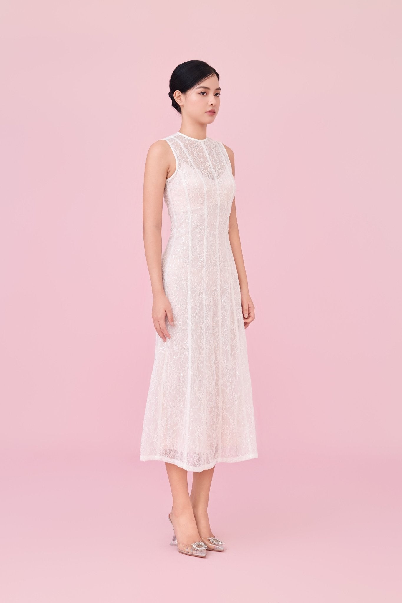 Charilyn White Lace With Sequins Embellishment Dress - Nimisski
