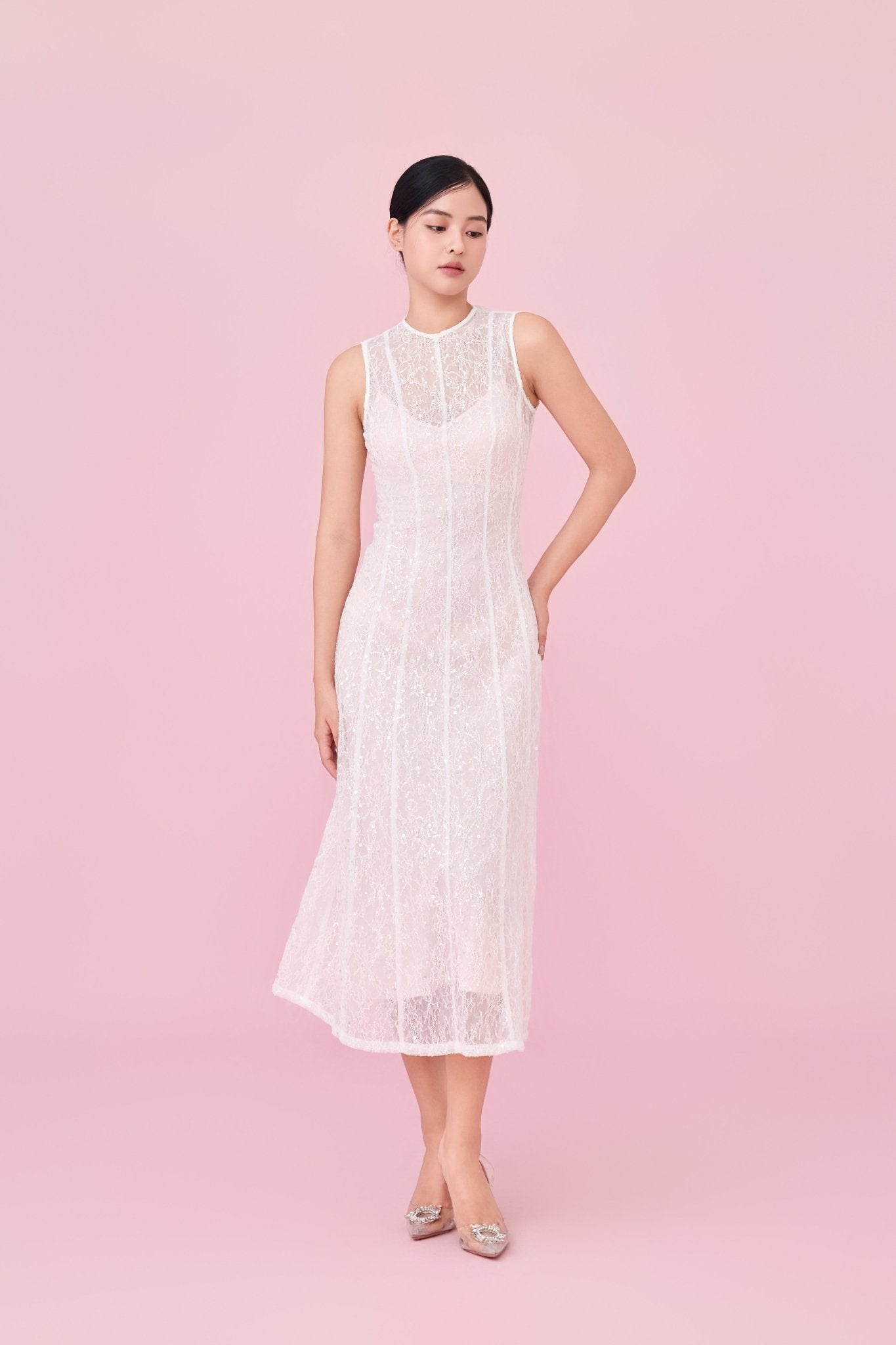 Charilyn White Lace With Sequins Embellishment Dress - Nimisski