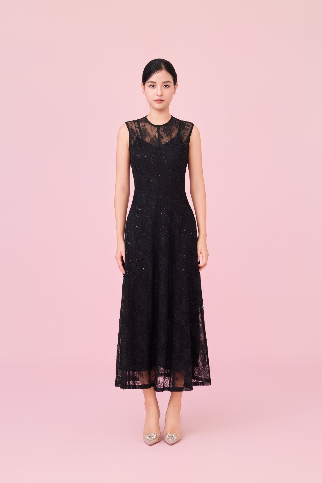Charilyn Black Lace With Sequins Embellishment Dress - Nimisski
