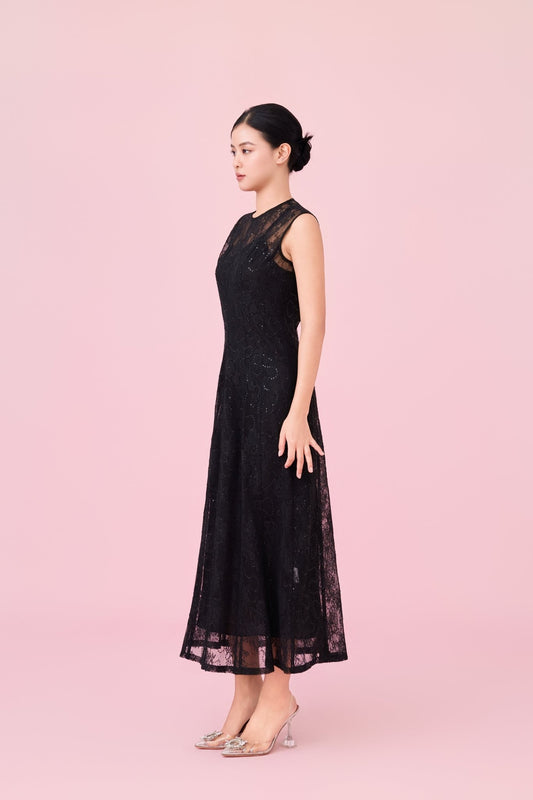 Charilyn Black Lace With Sequins Embellishment Dress - Nimisski