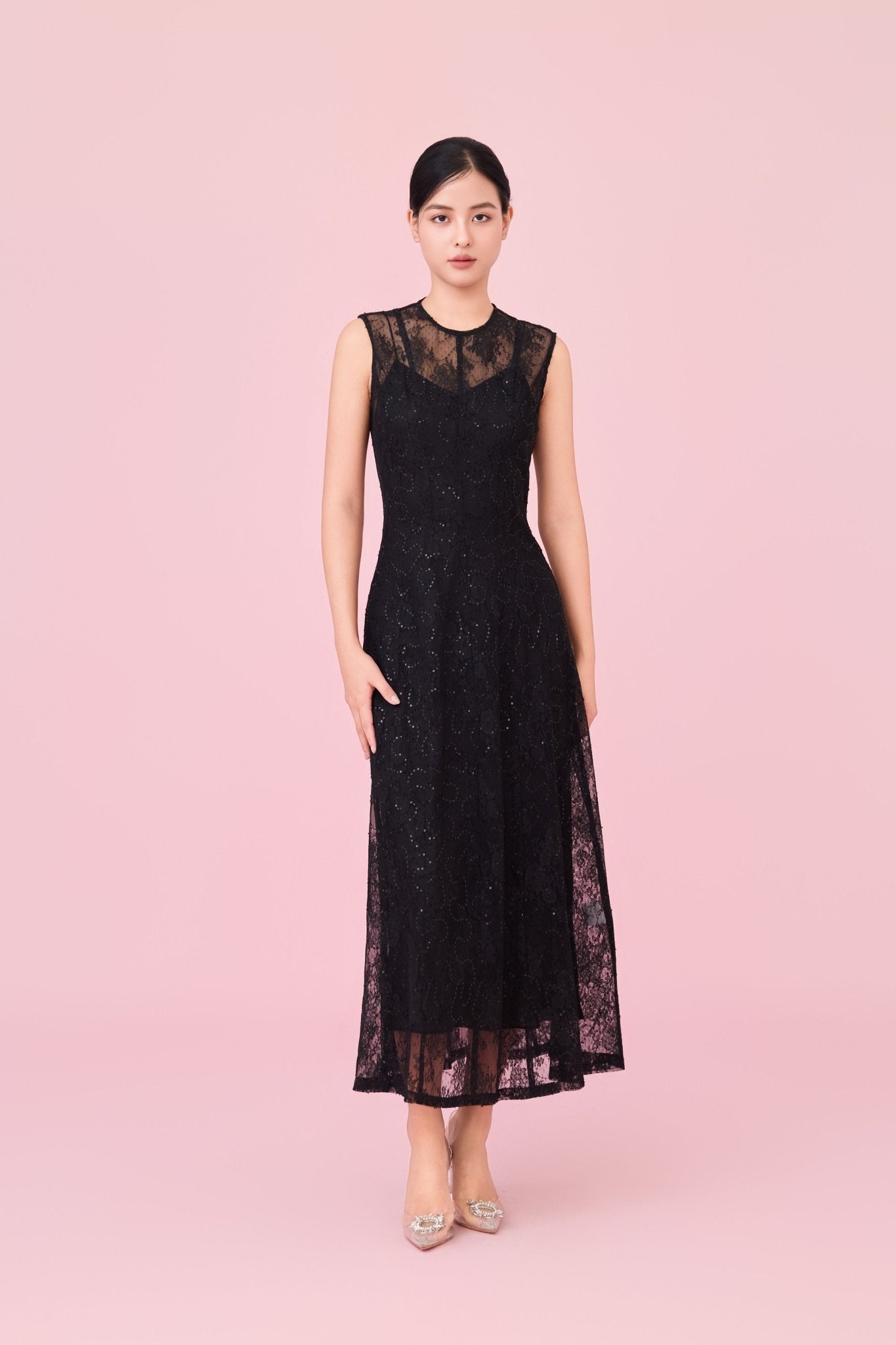 Charilyn Black Lace With Sequins Embellishment Dress - Nimisski