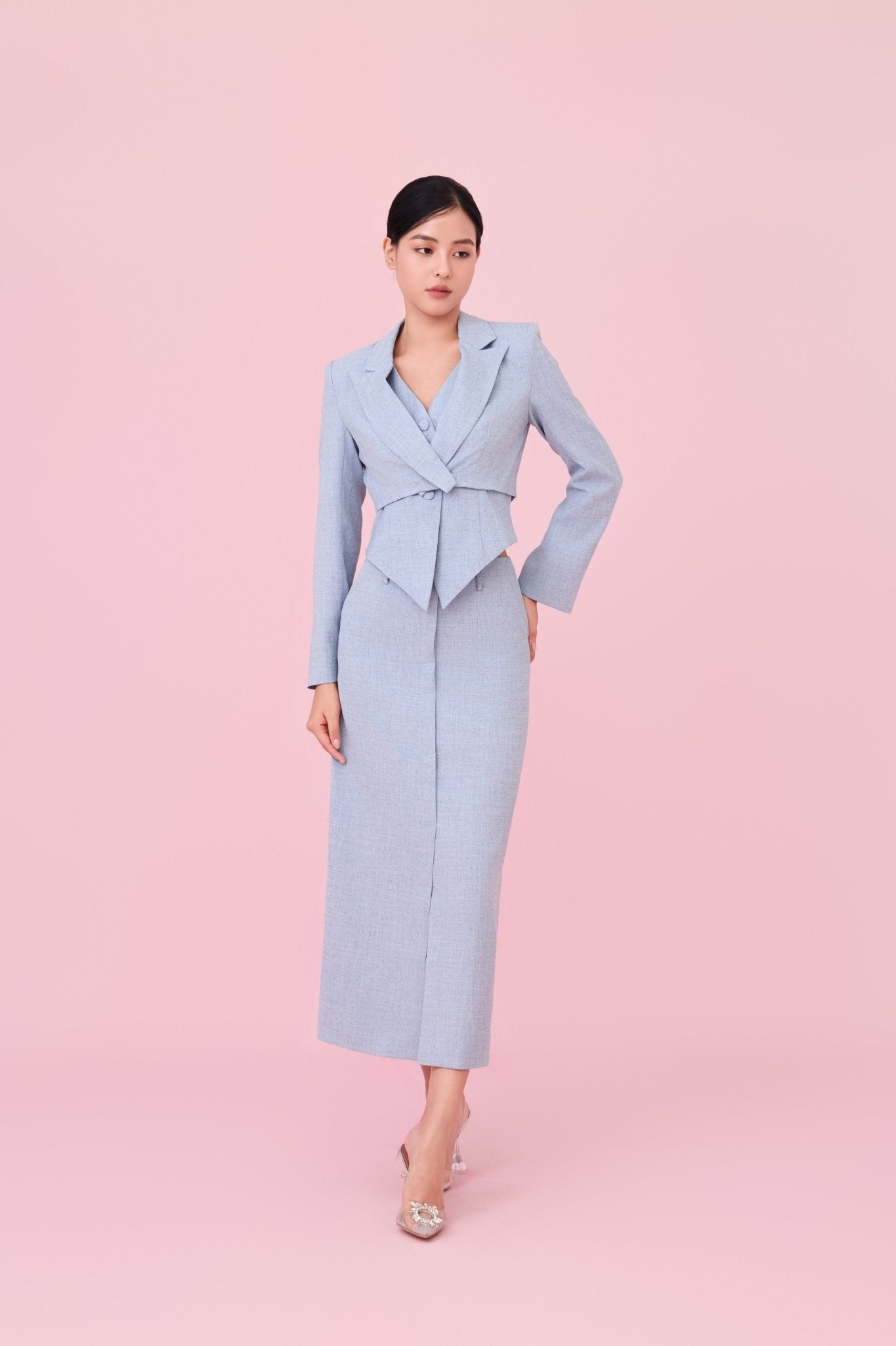 Charyn Light Blue Cropped Wrap Jacket - Nimisski