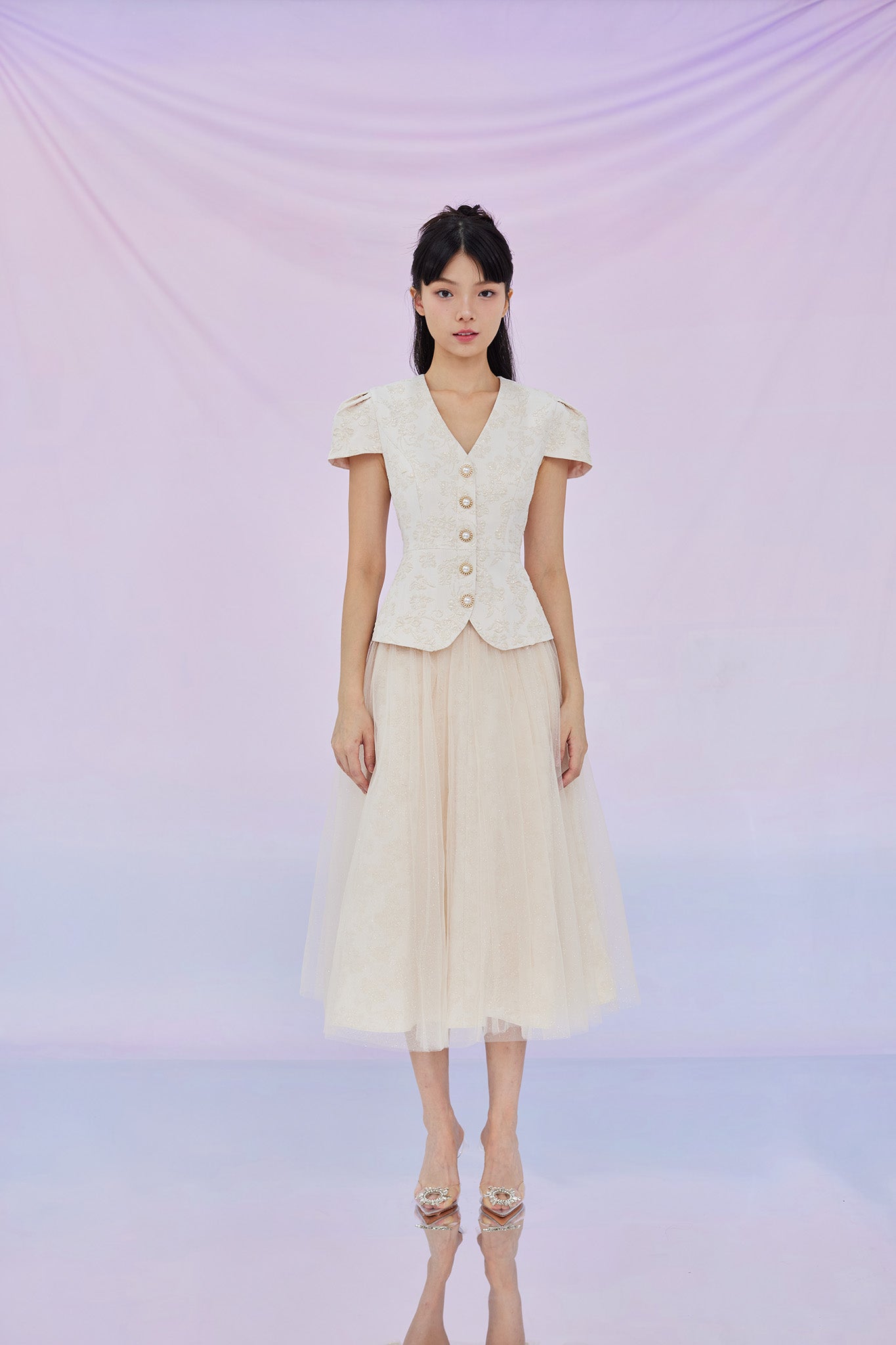 Genna Beige Mesh Midi Skirt