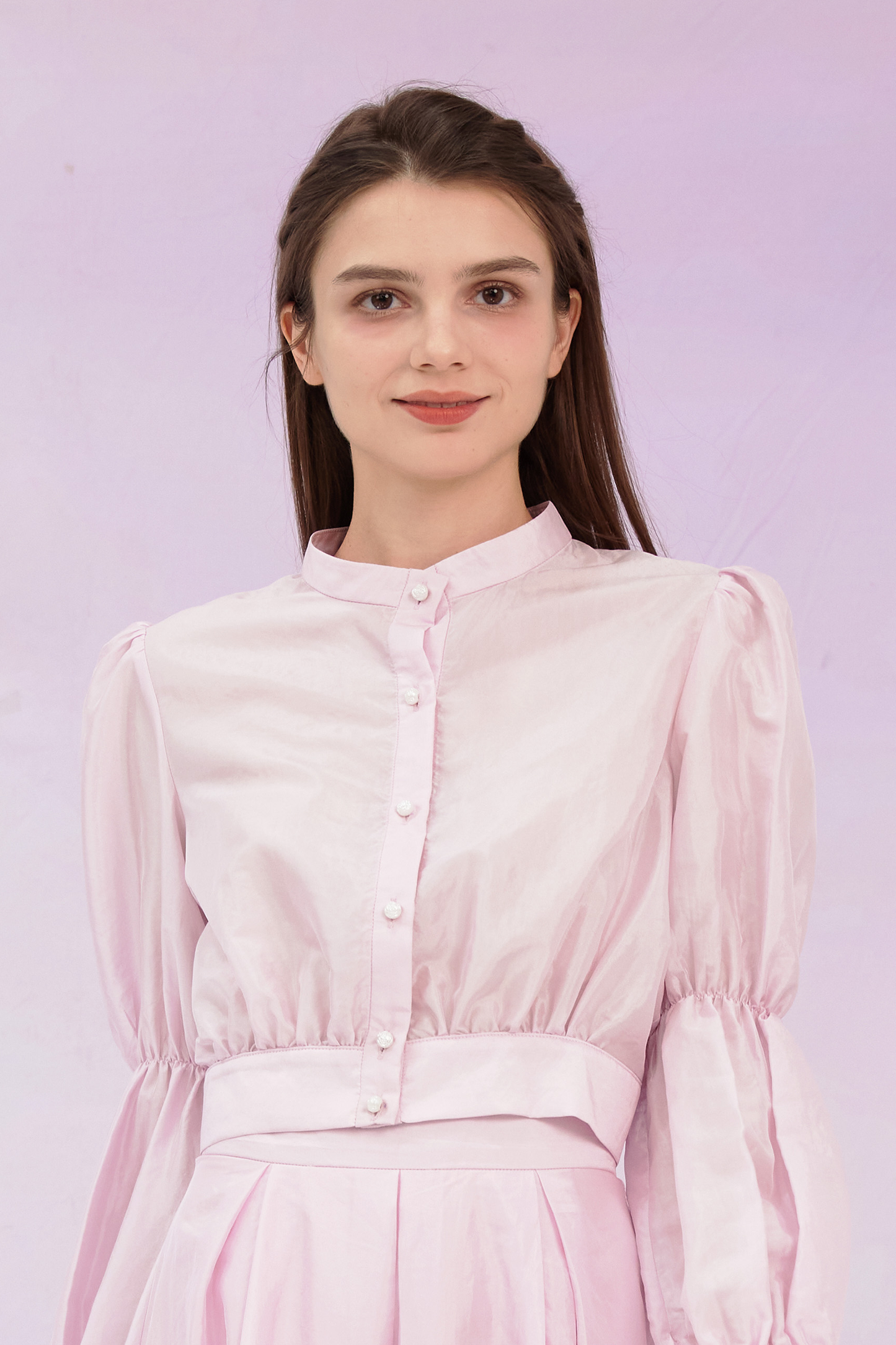 Gracia Pink High Collar Long Sleeve Top