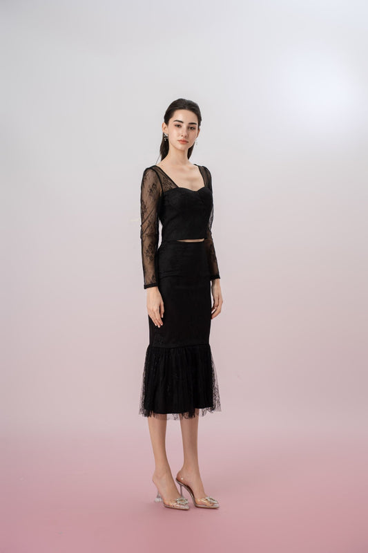 Genette Black Flower Lace Mermaid Skirt - Nimisski